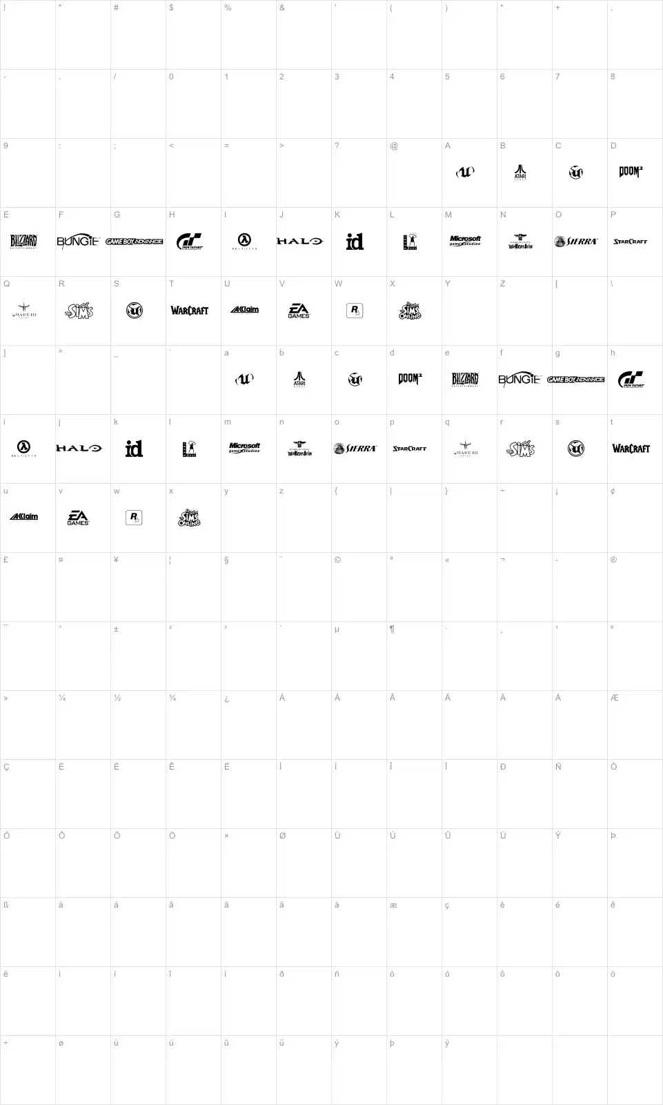 Mapa de caracteres da fonte Game Logos