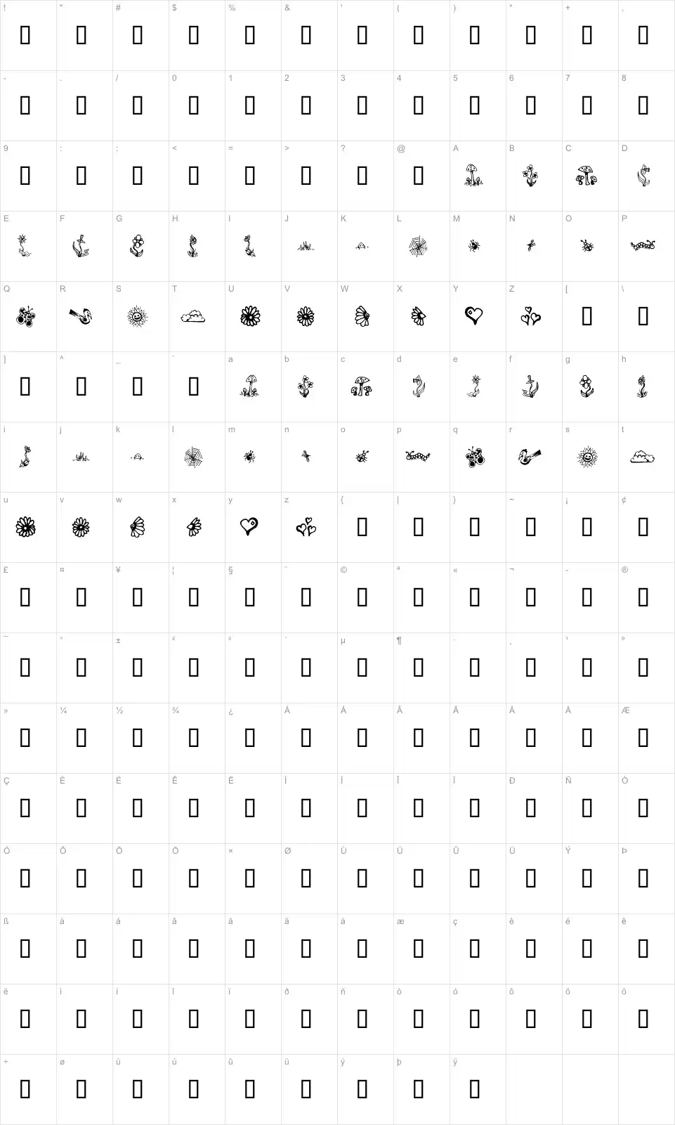Mapa de caracteres da fonte Garden Dingbats