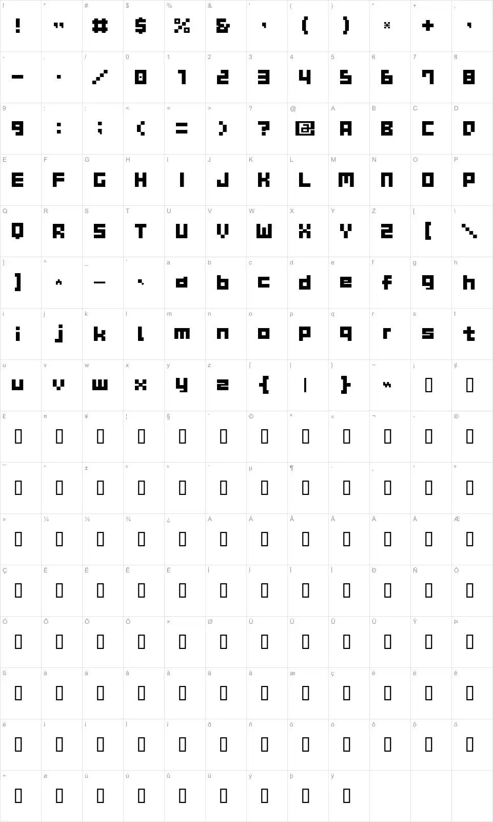 Mapa de caracteres da fonte Gau Font Cube
