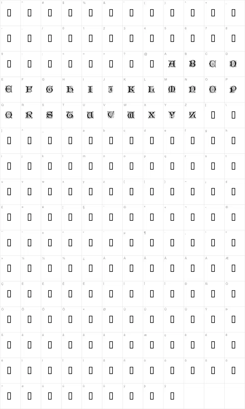 Mapa de caracteres da fonte Genzsch Initials