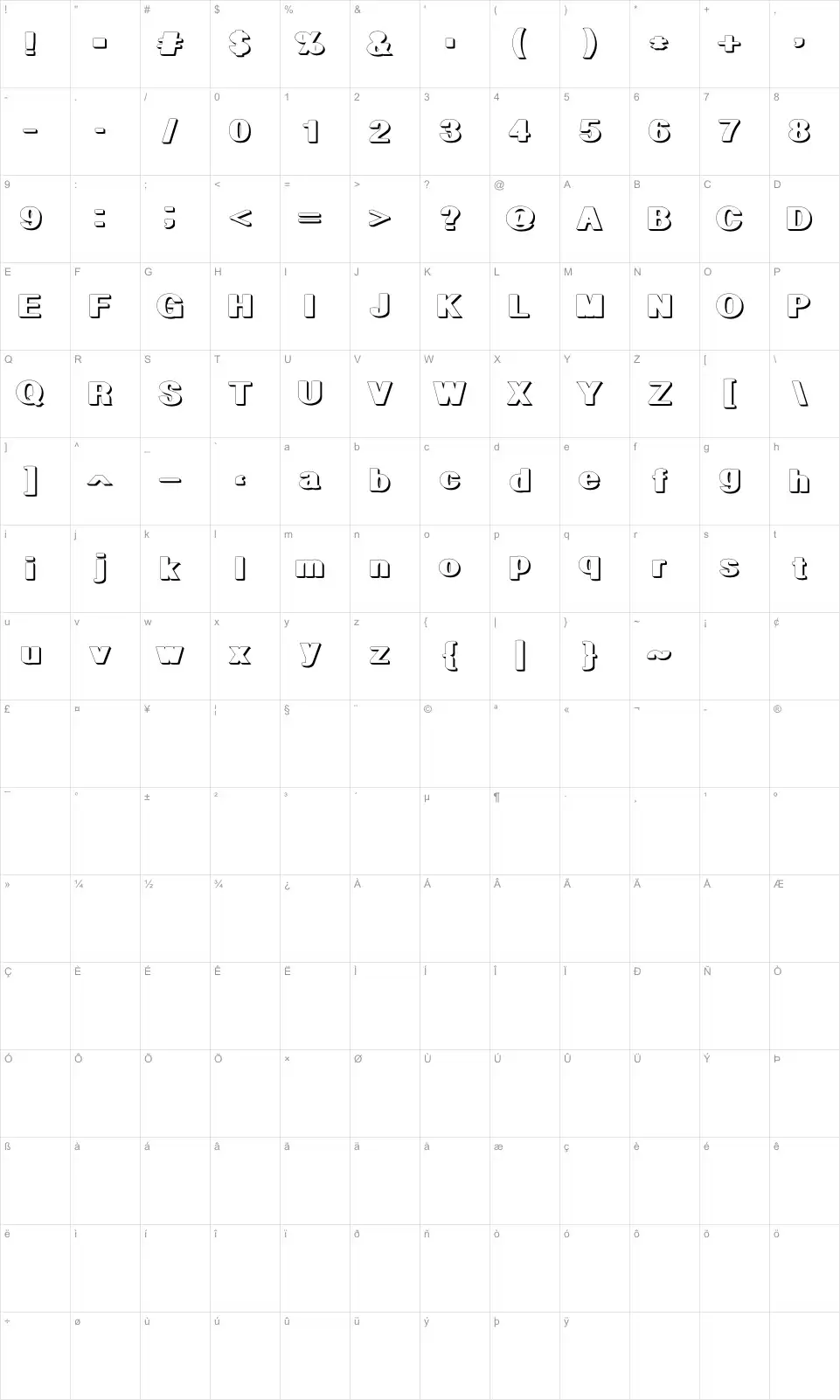 Mapa de caracteres da fonte Geometric Shadow PW