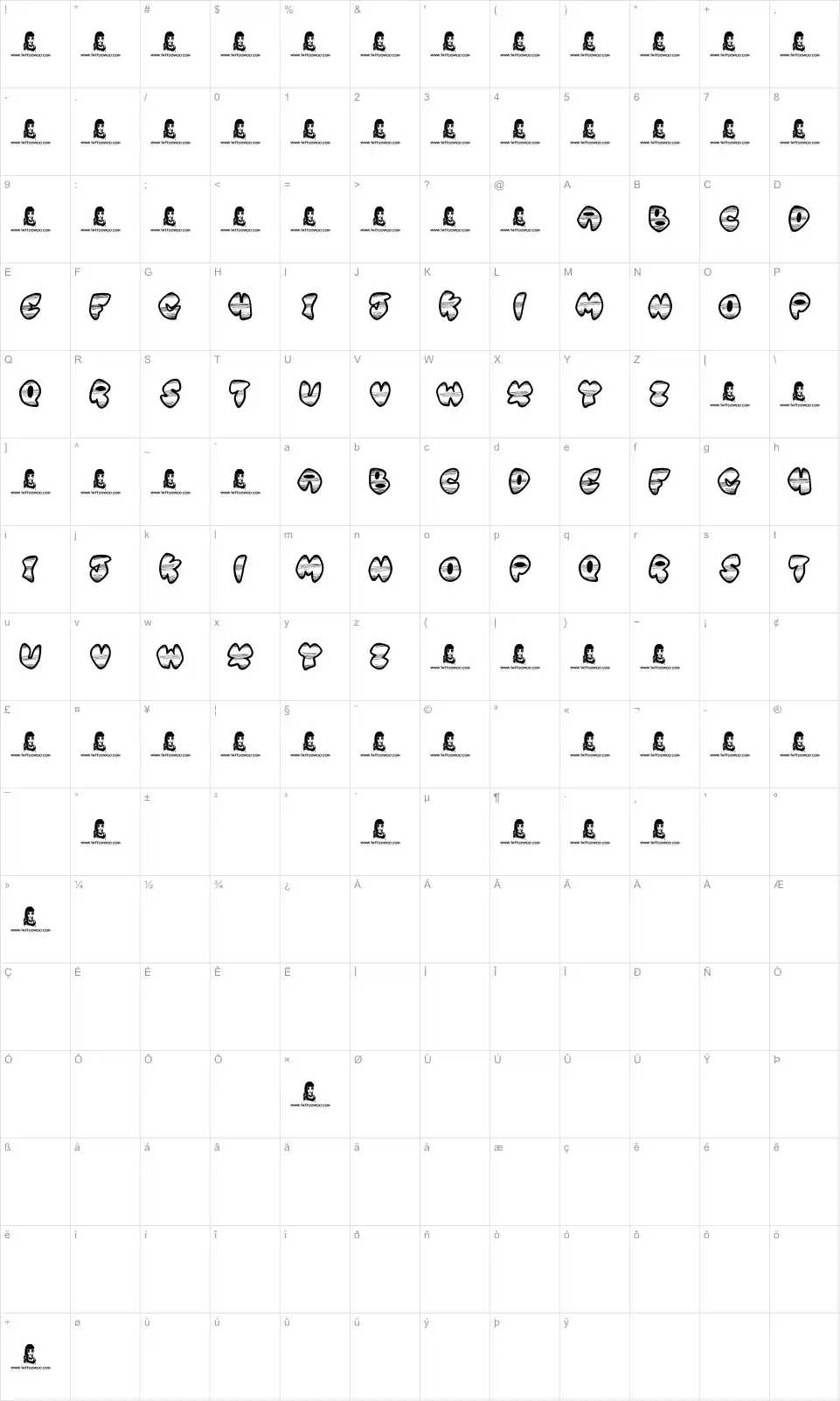 Mapa de caracteres da fonte Ghetto Master