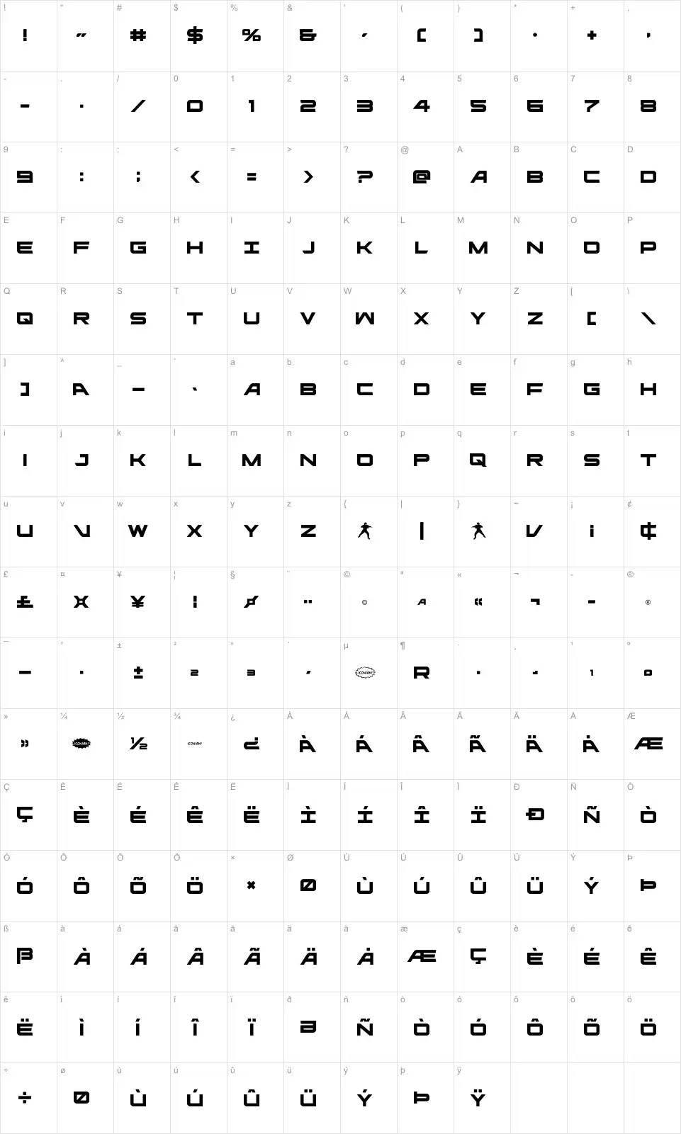 Mapa de caracteres da fonte Ghost Clan