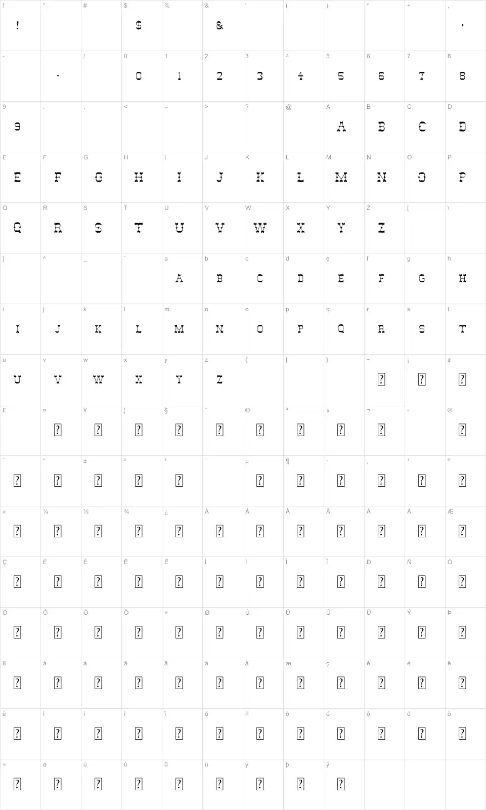 Mapa de caracteres da fonte Ghost Of The Wild West