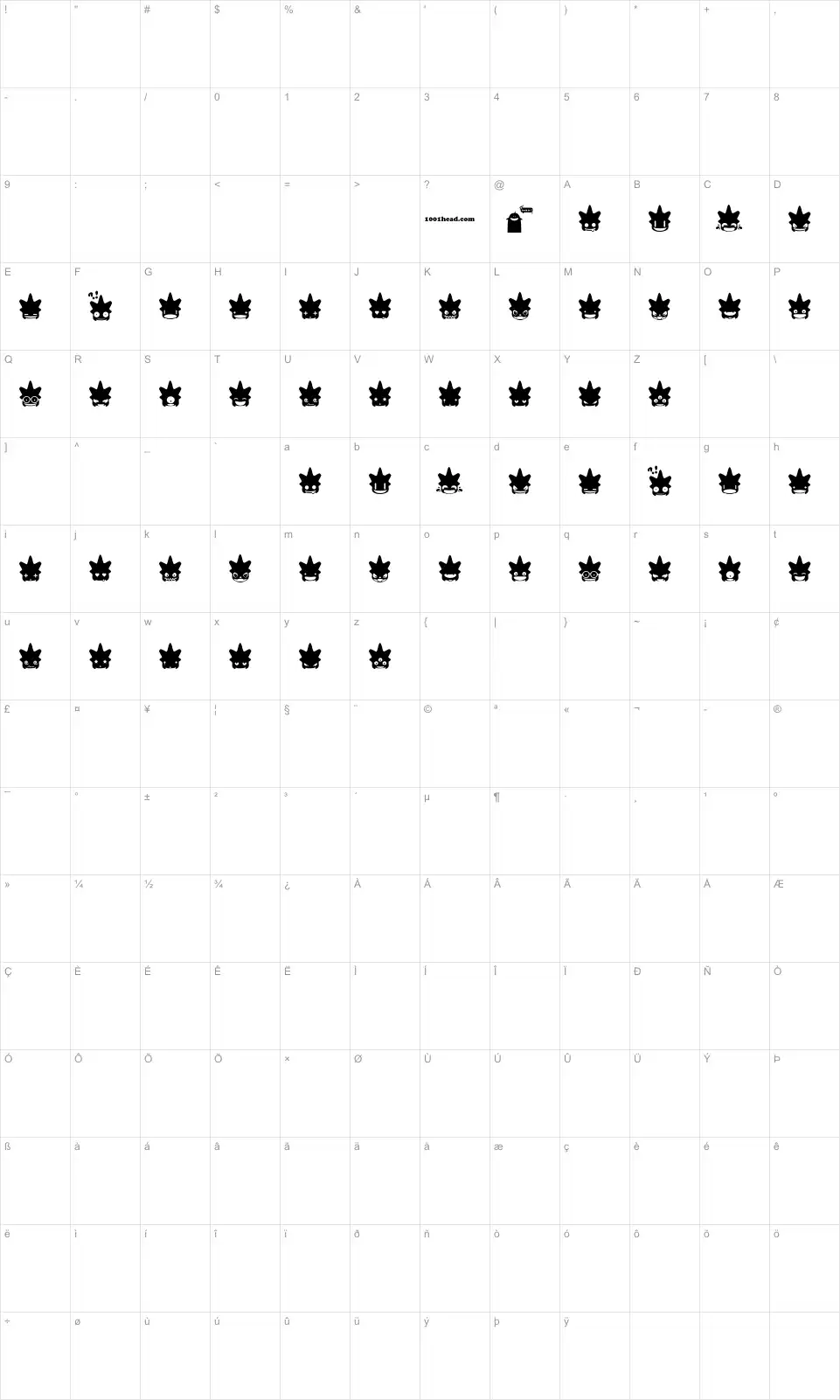 Mapa de caracteres da fonte Ghost & Punk Smileys