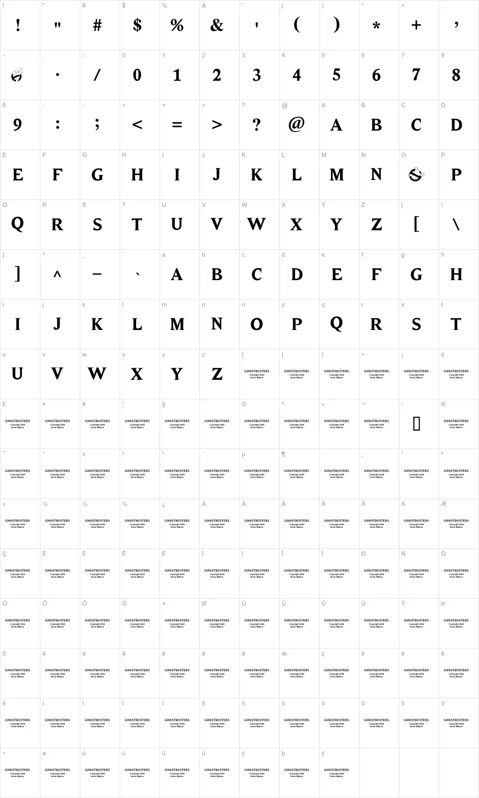 Mapa de caracteres da fonte Ghostbusters