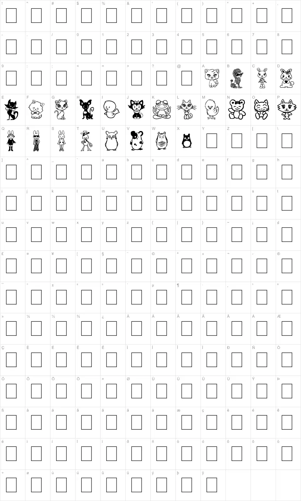 Mapa de caracteres da fonte Girly Toons