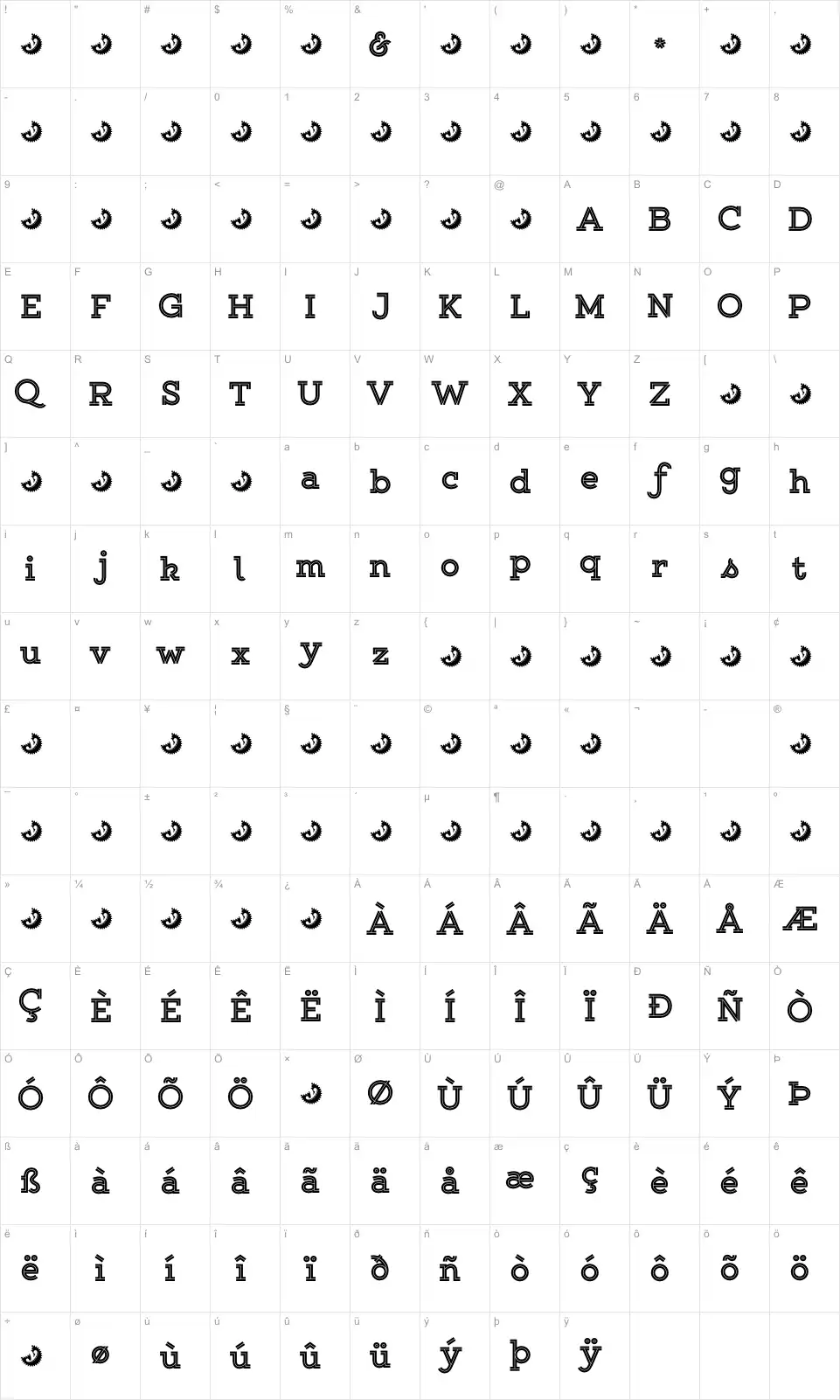 Mapa de caracteres da fonte Gist Upright