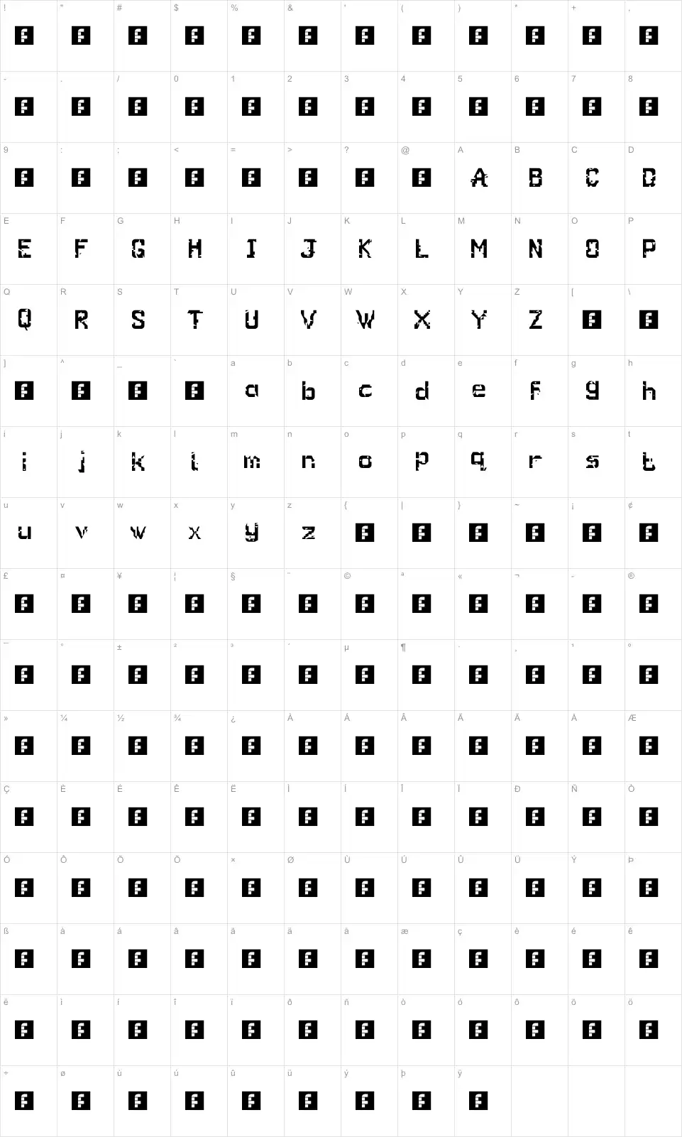 Mapa de caracteres da fonte Glitch