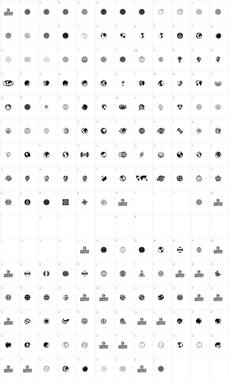 Mapa de caracteres da fonte Globe Icons