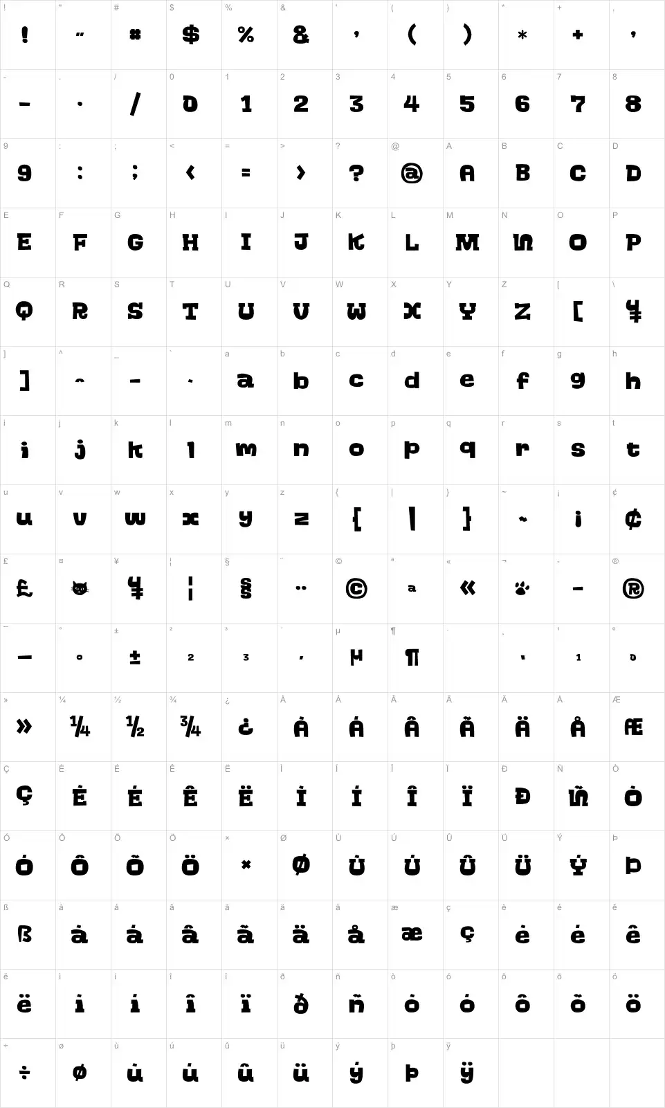 Mapa de caracteres da fonte Go-Go-Go