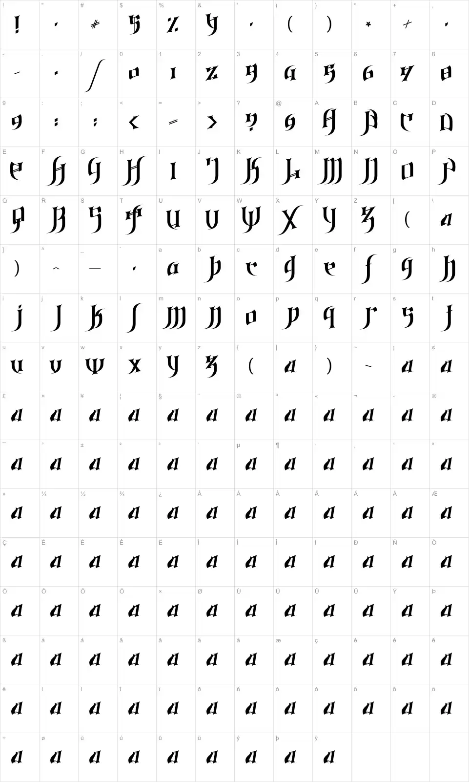 Mapa de caracteres da fonte Gothic Love Letters