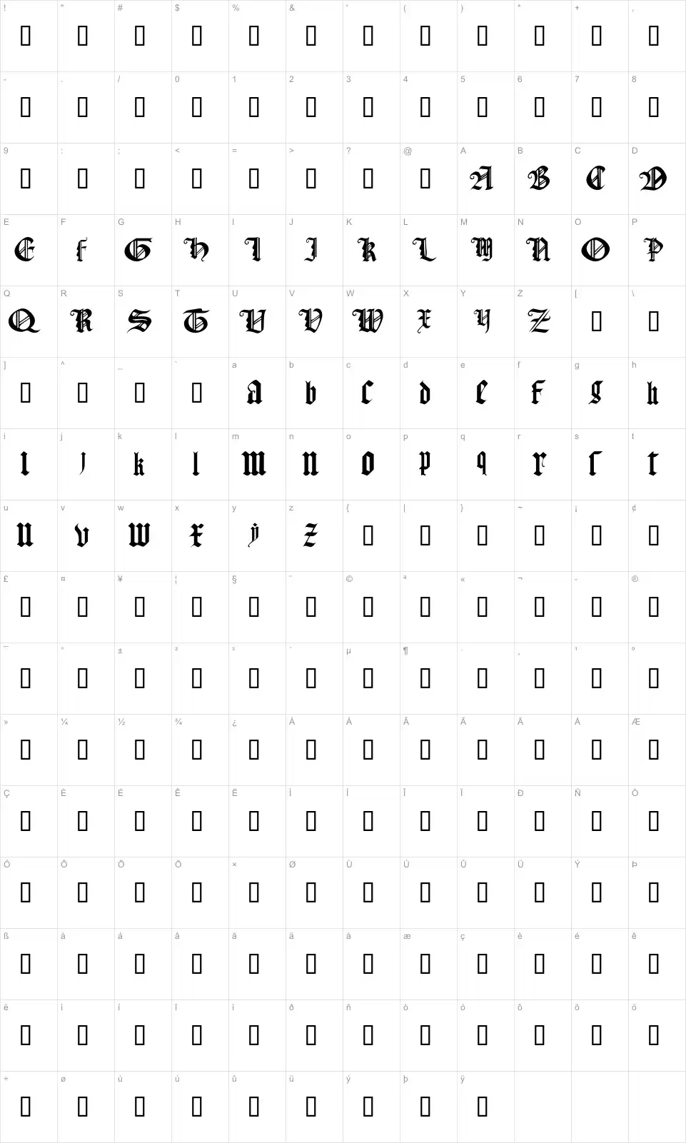 Mapa de caracteres da fonte Gothic Texture Quadrata