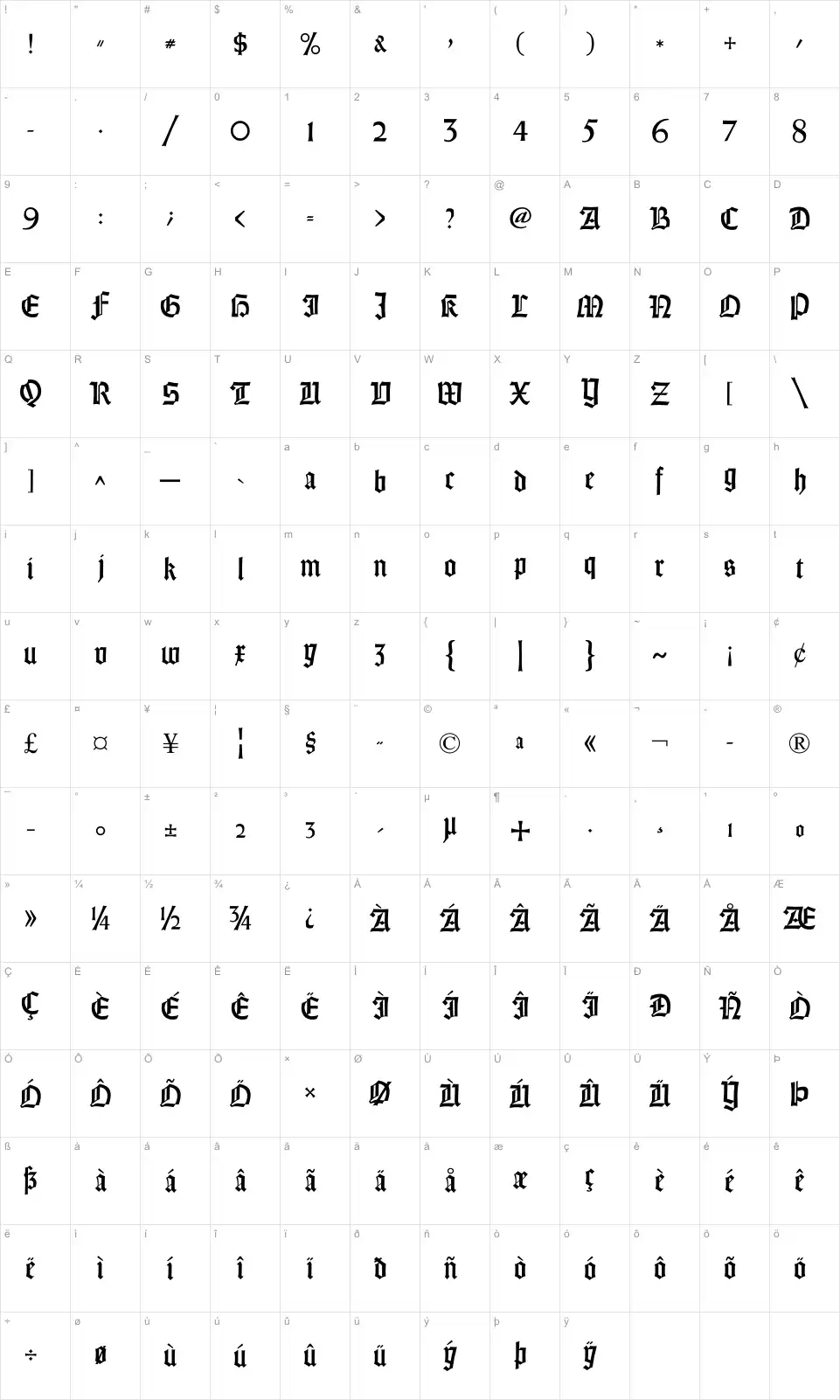 Mapa de caracteres da fonte Gotisch Weiss UNZ1A