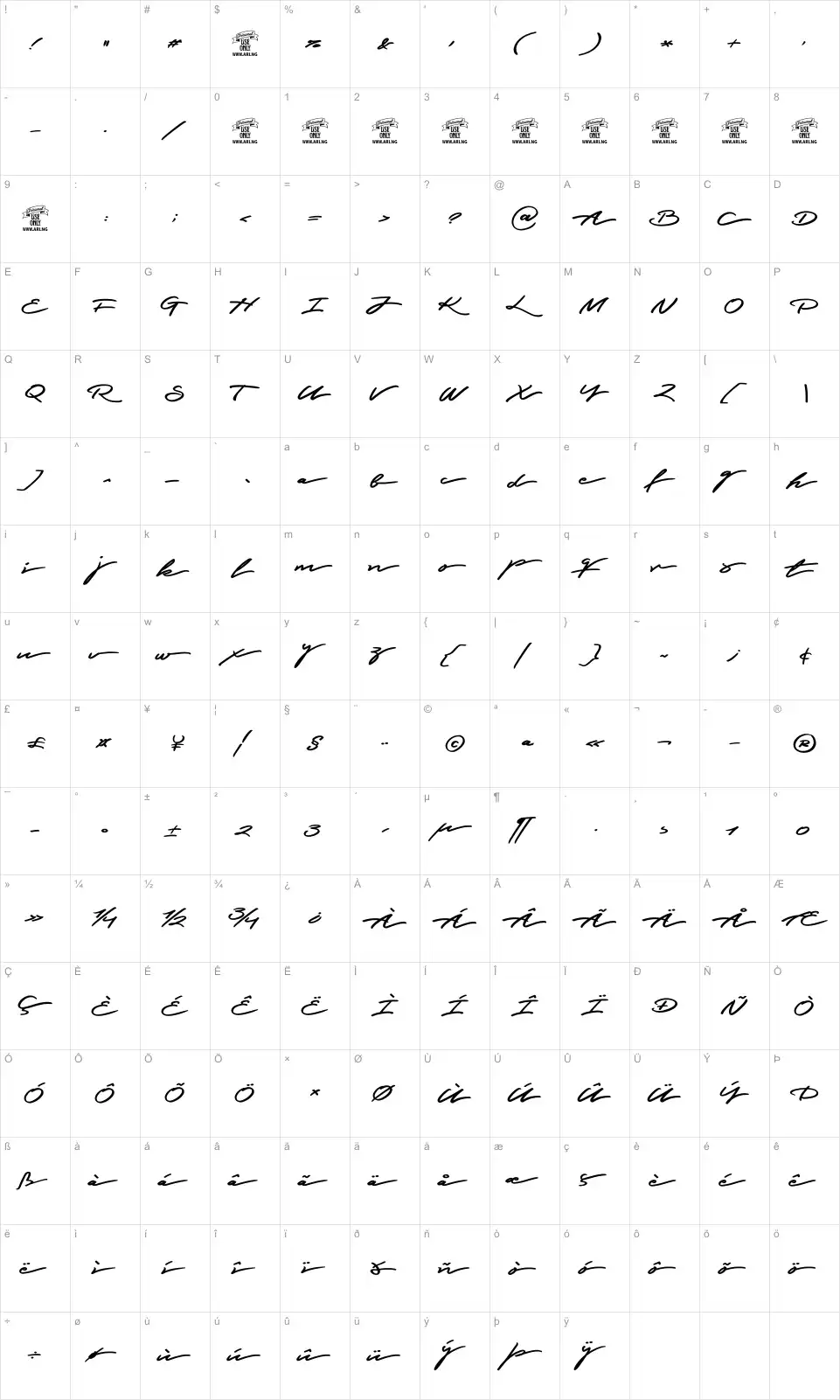 Mapa de caracteres da fonte Graced Script