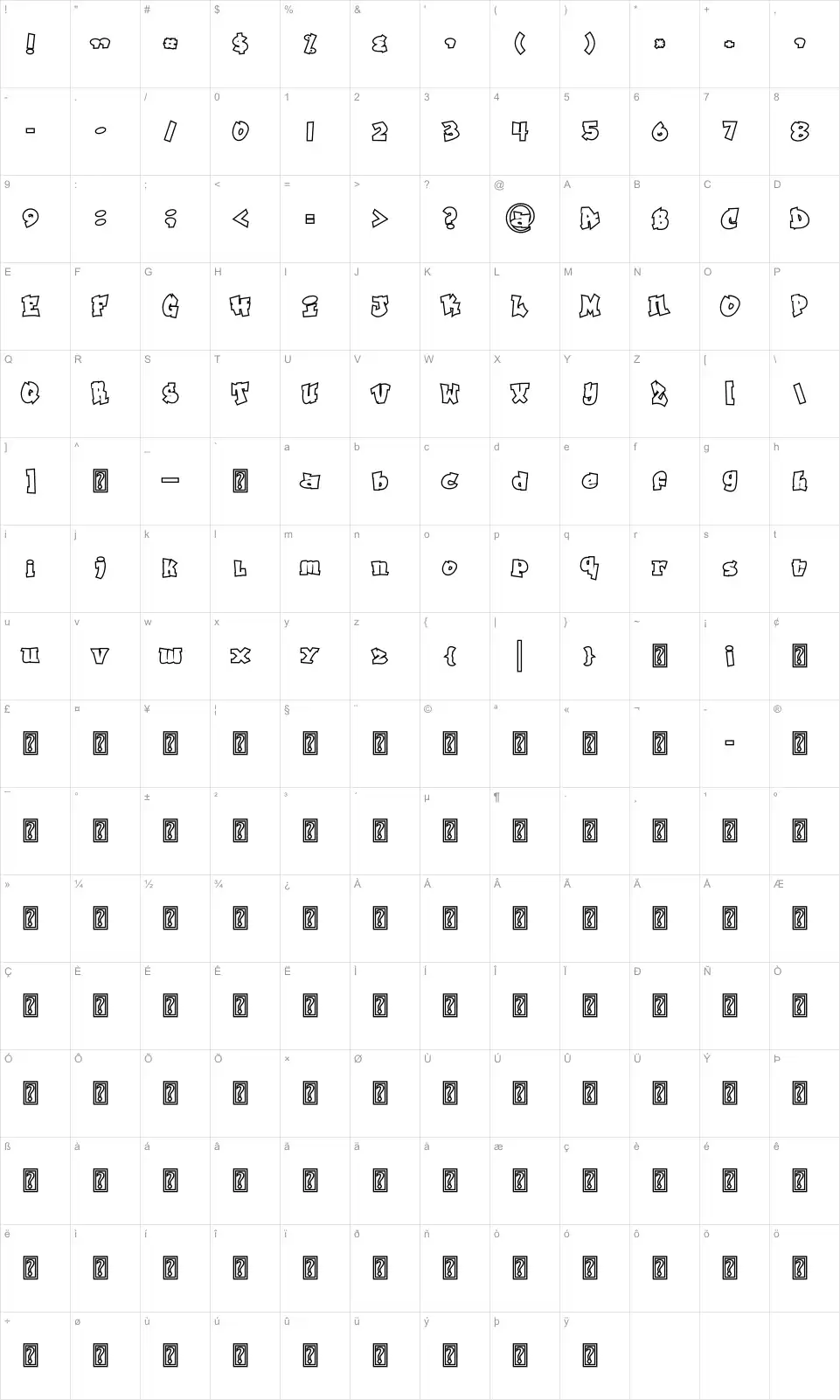 Mapa de caracteres da fonte Grafitty