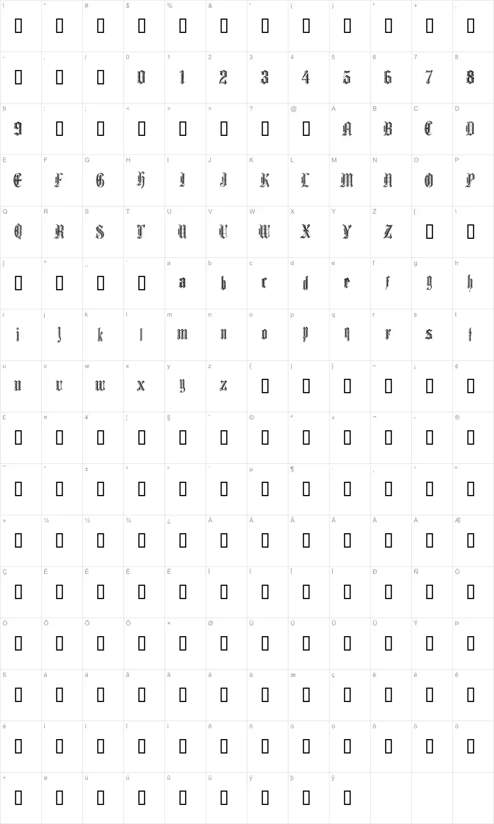 Mapa de caracteres da fonte Graphik Text