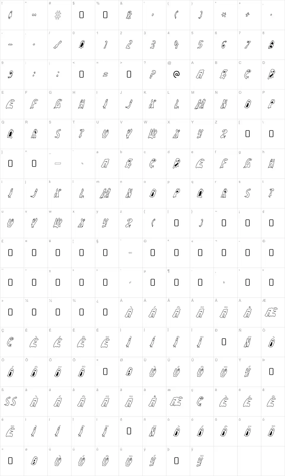 Mapa de caracteres da fonte Groovy Ghosties