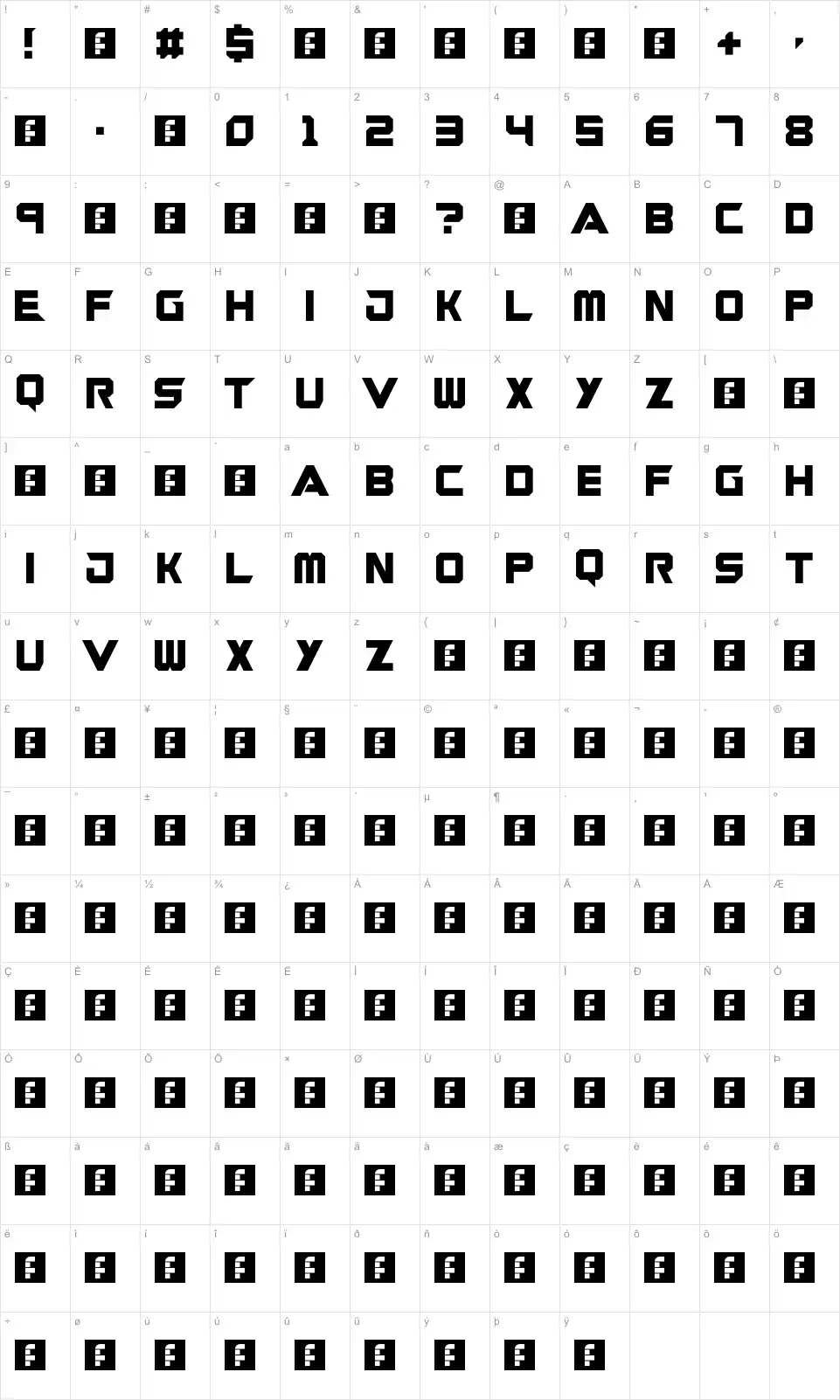 Mapa de caracteres da fonte Guardians