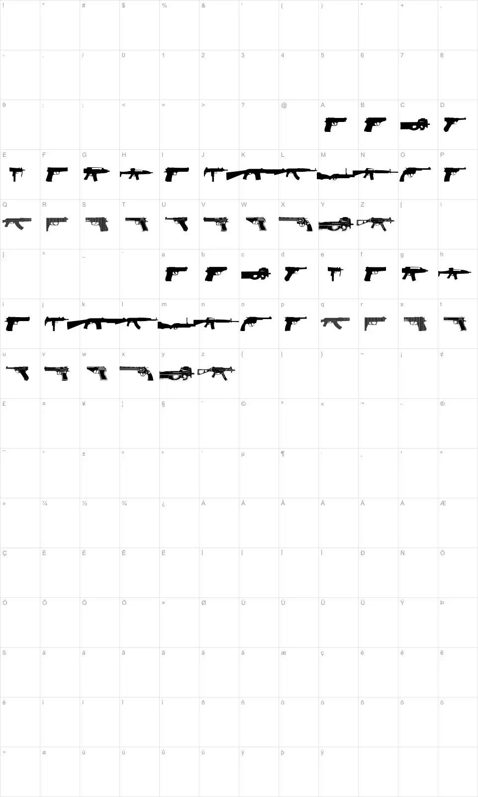 Mapa de caracteres da fonte Guns 2