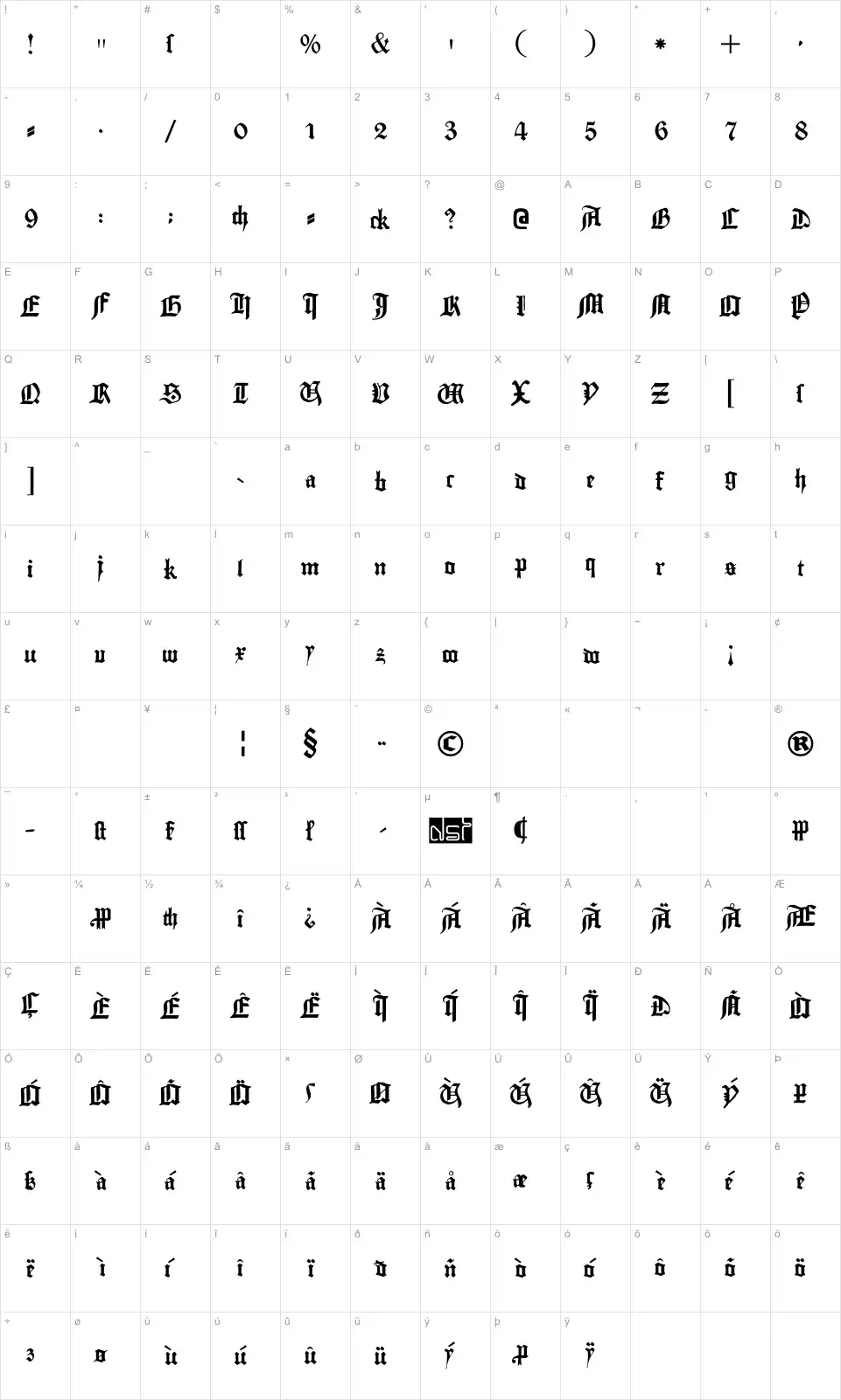 Mapa de caracteres da fonte Gutenberg Textura