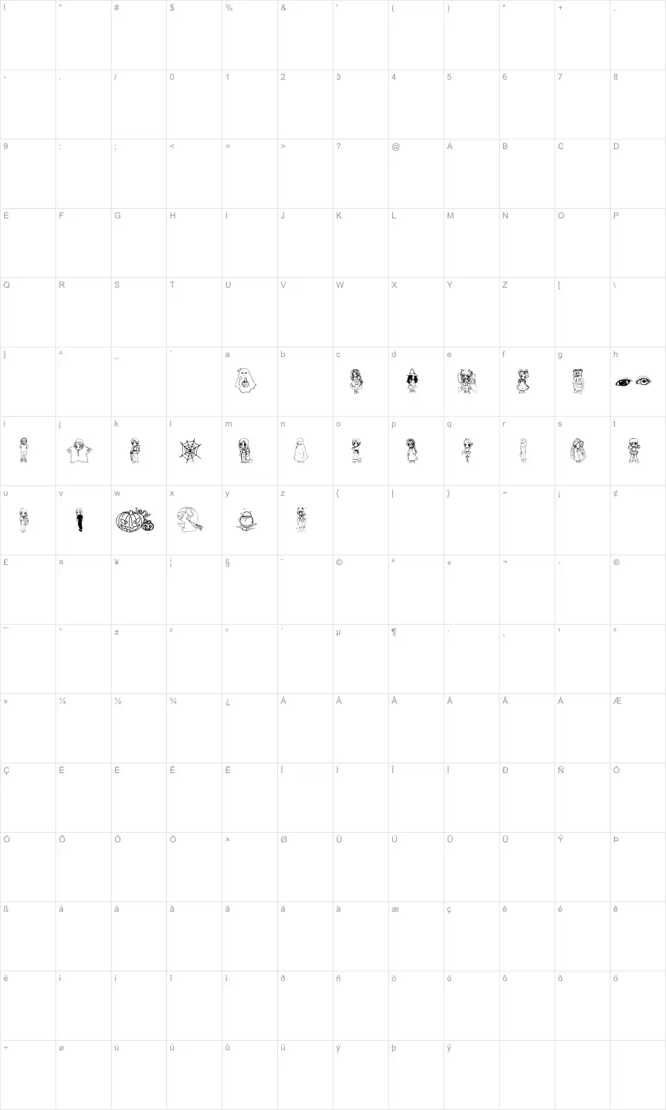 Mapa de caracteres da fonte Halloween 2001
