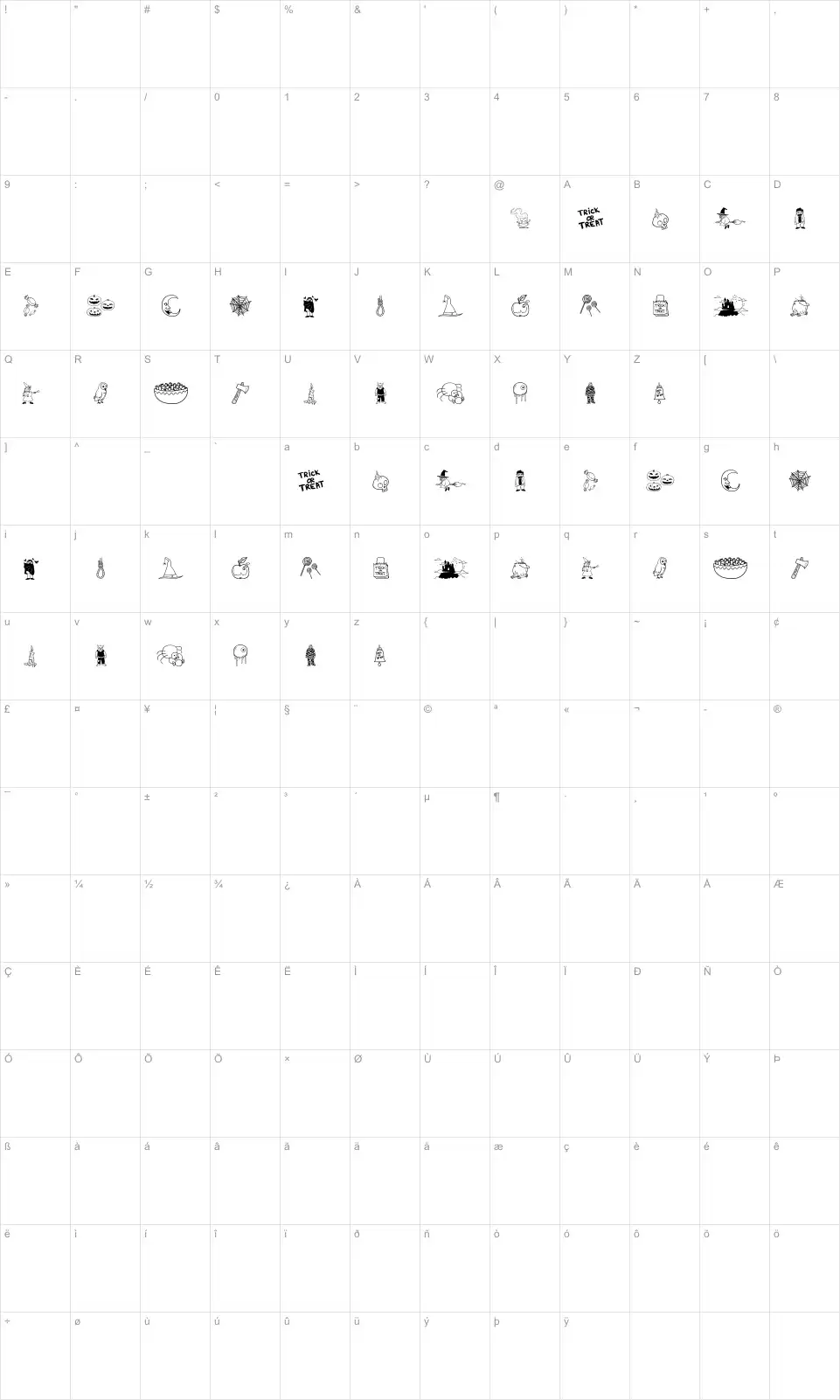 Mapa de caracteres da fonte Halloween Bell