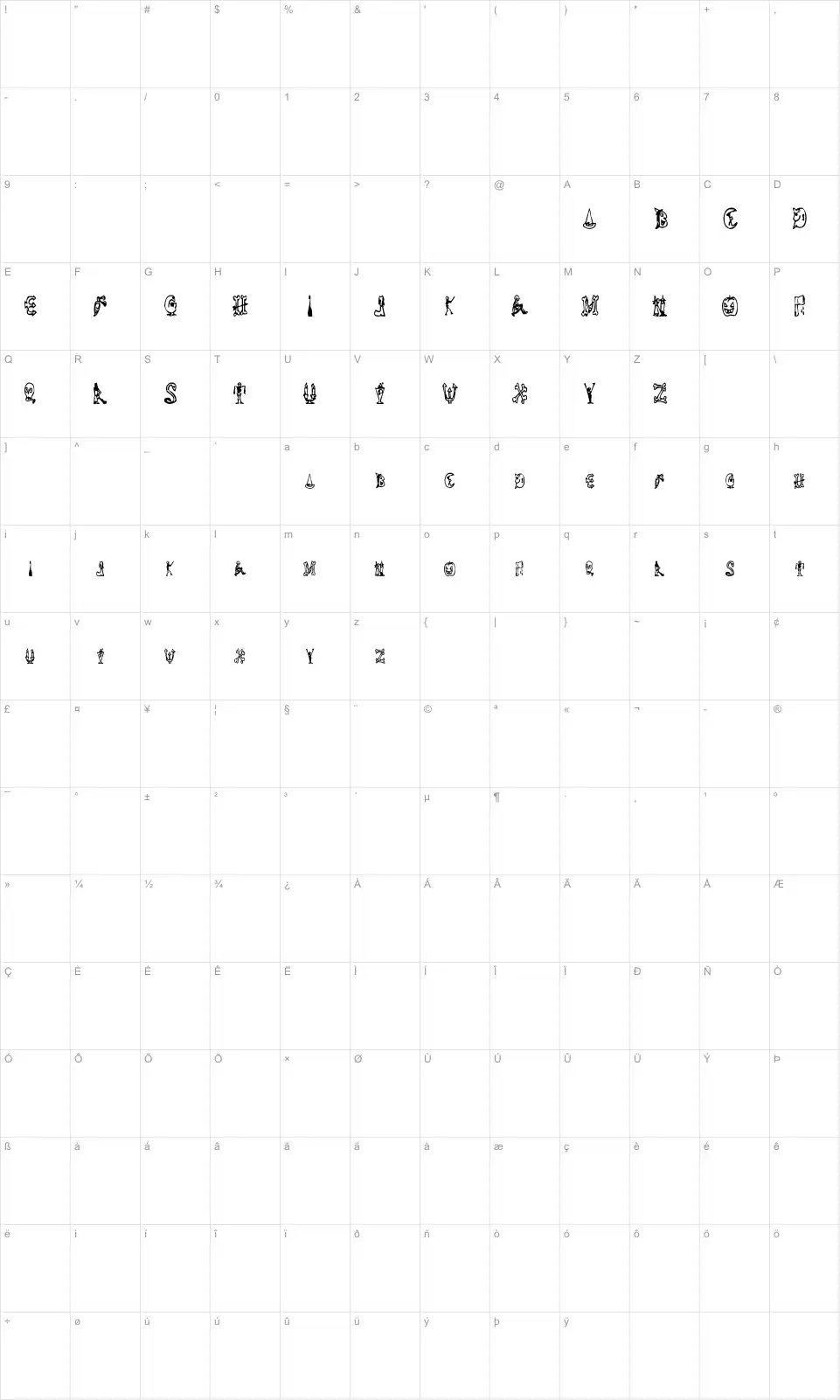 Mapa de caracteres da fonte Halloween Happy