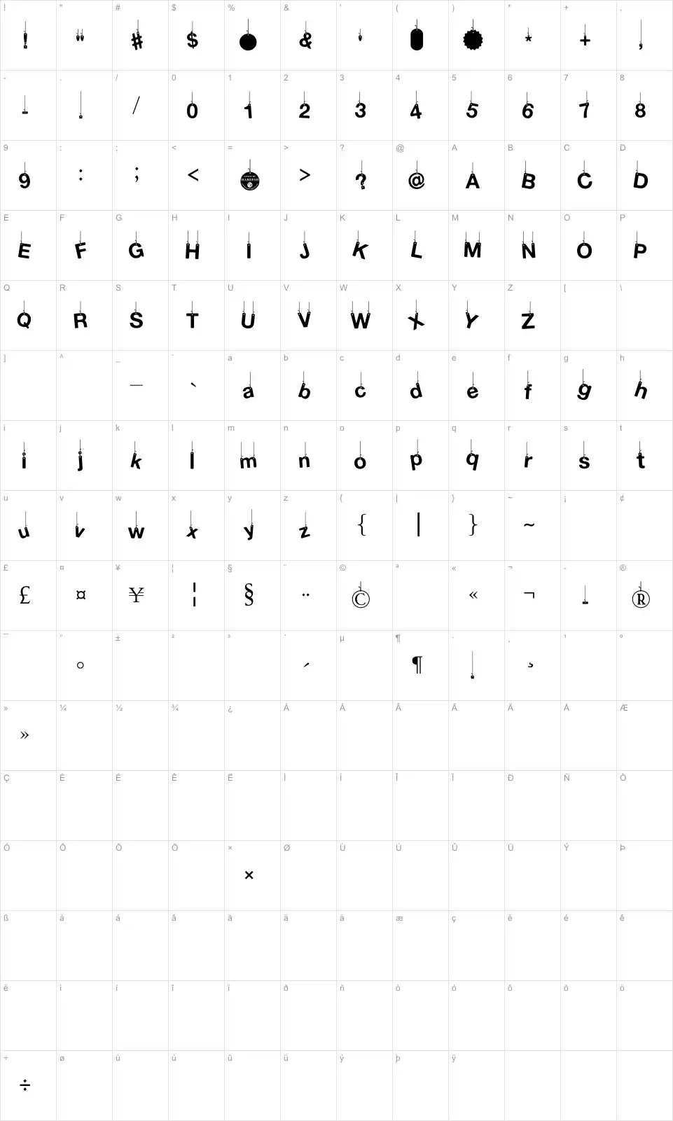 Mapa de caracteres da fonte Hanging Letters