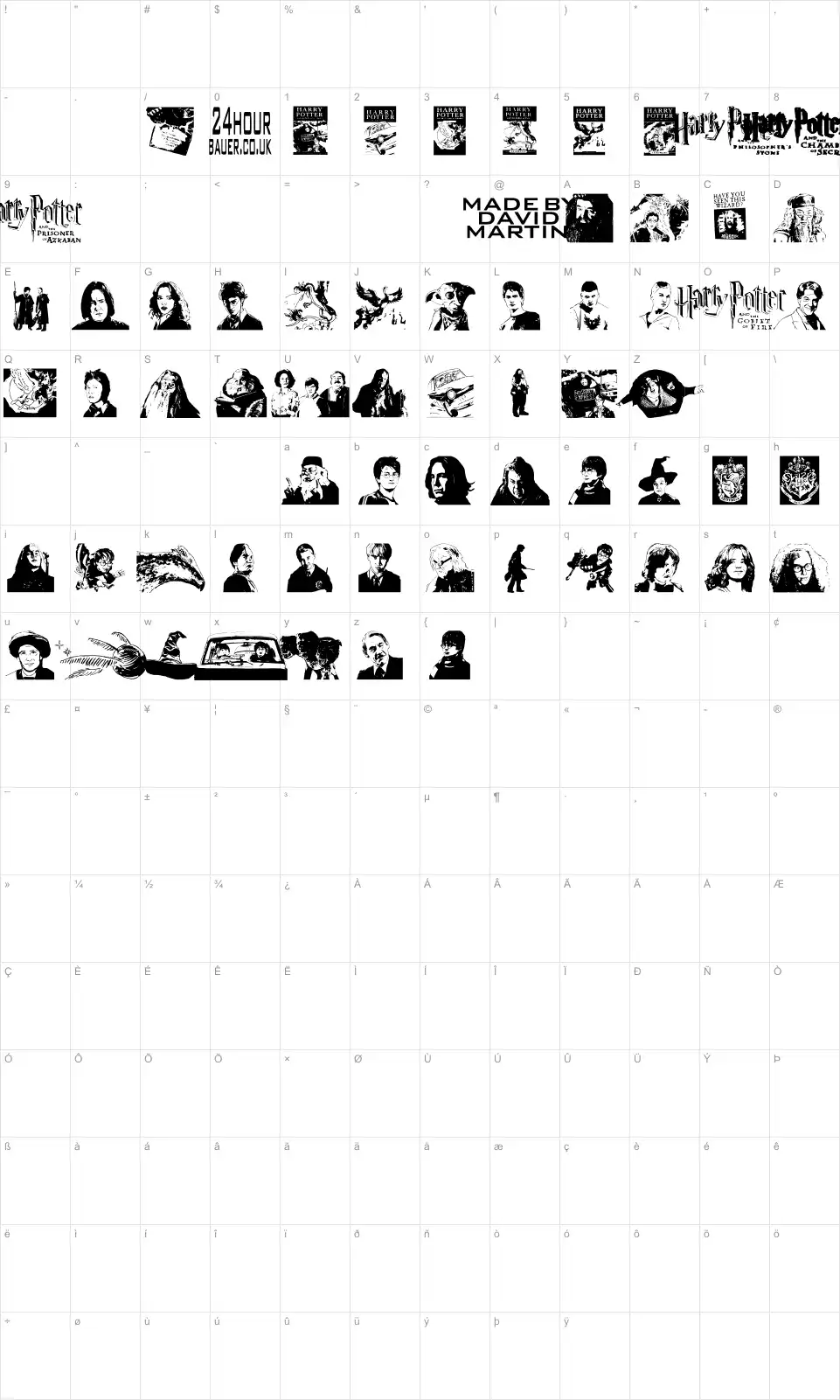 Mapa de caracteres da fonte Harry Potter and the Dingbats