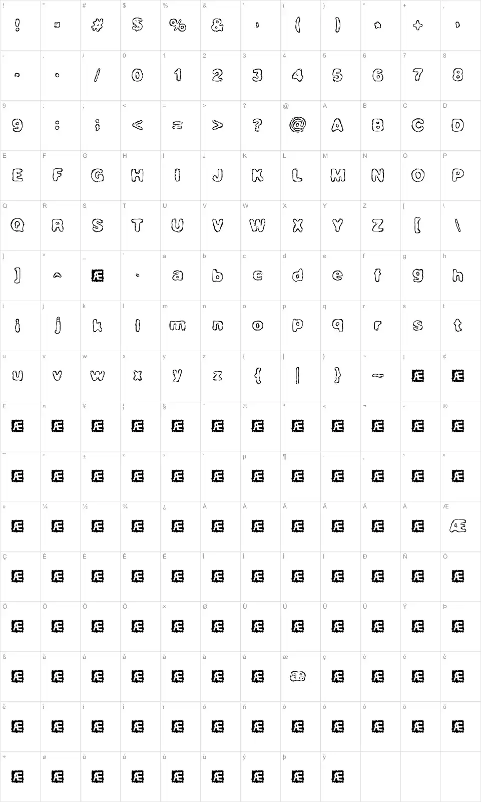 Mapa de caracteres da fonte Hassle