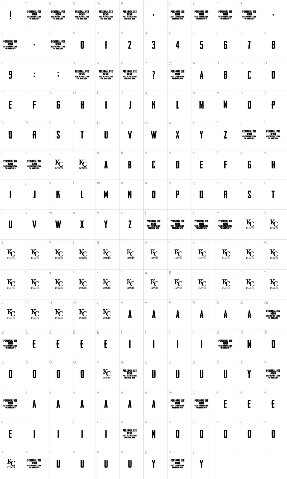 Mapa de caracteres da fonte Headliner No. 45