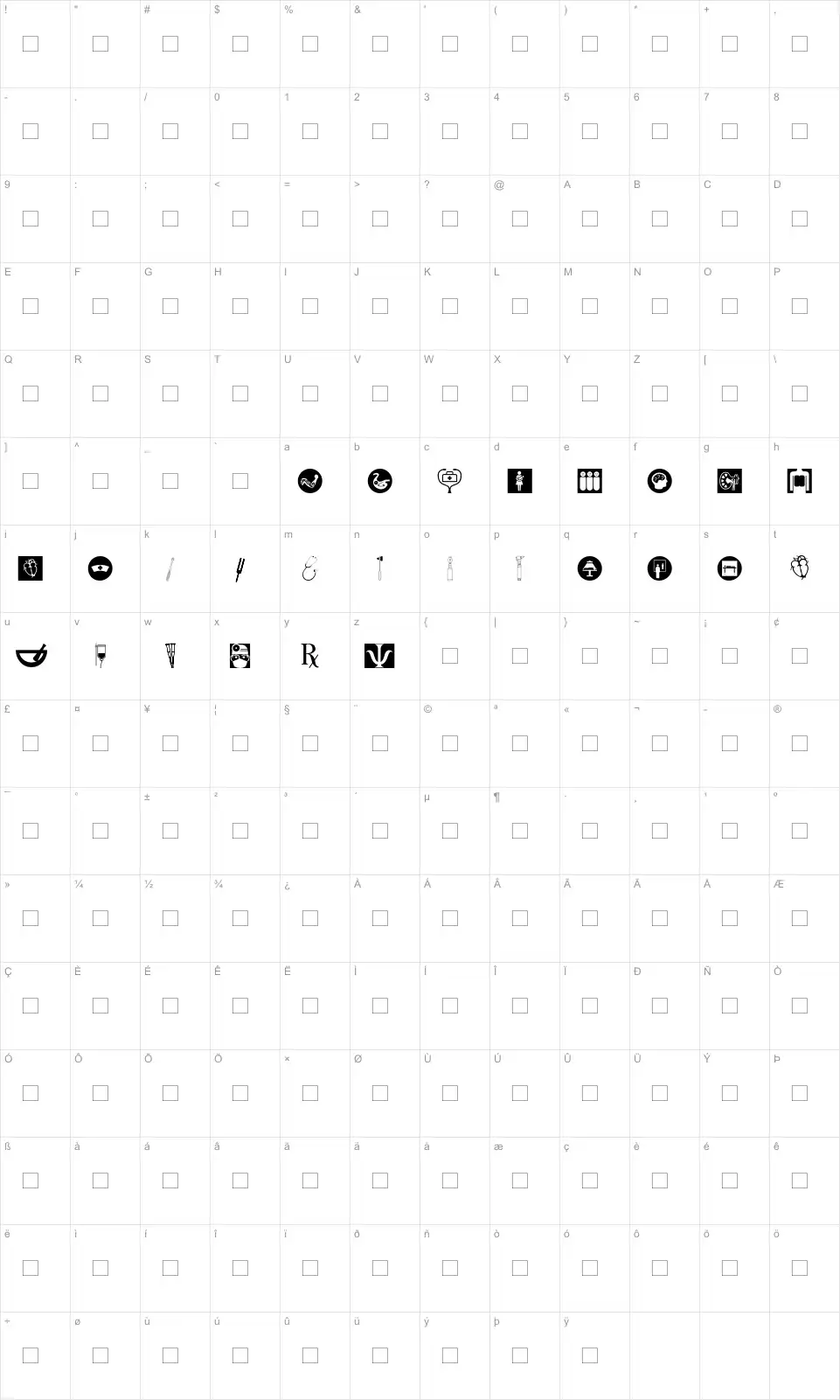 Mapa de caracteres da fonte Healthcare Symbols
