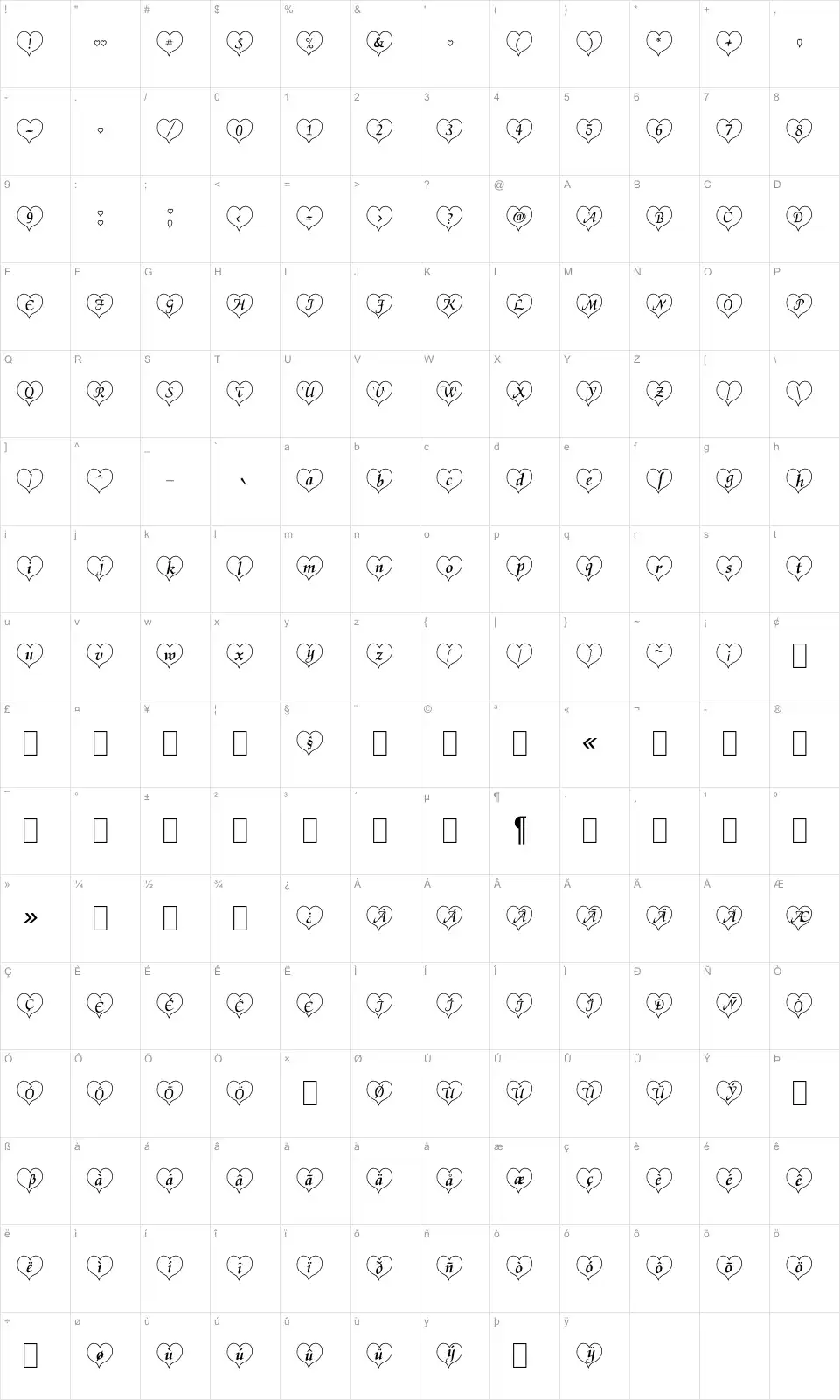 Mapa de caracteres da fonte Heart Becker