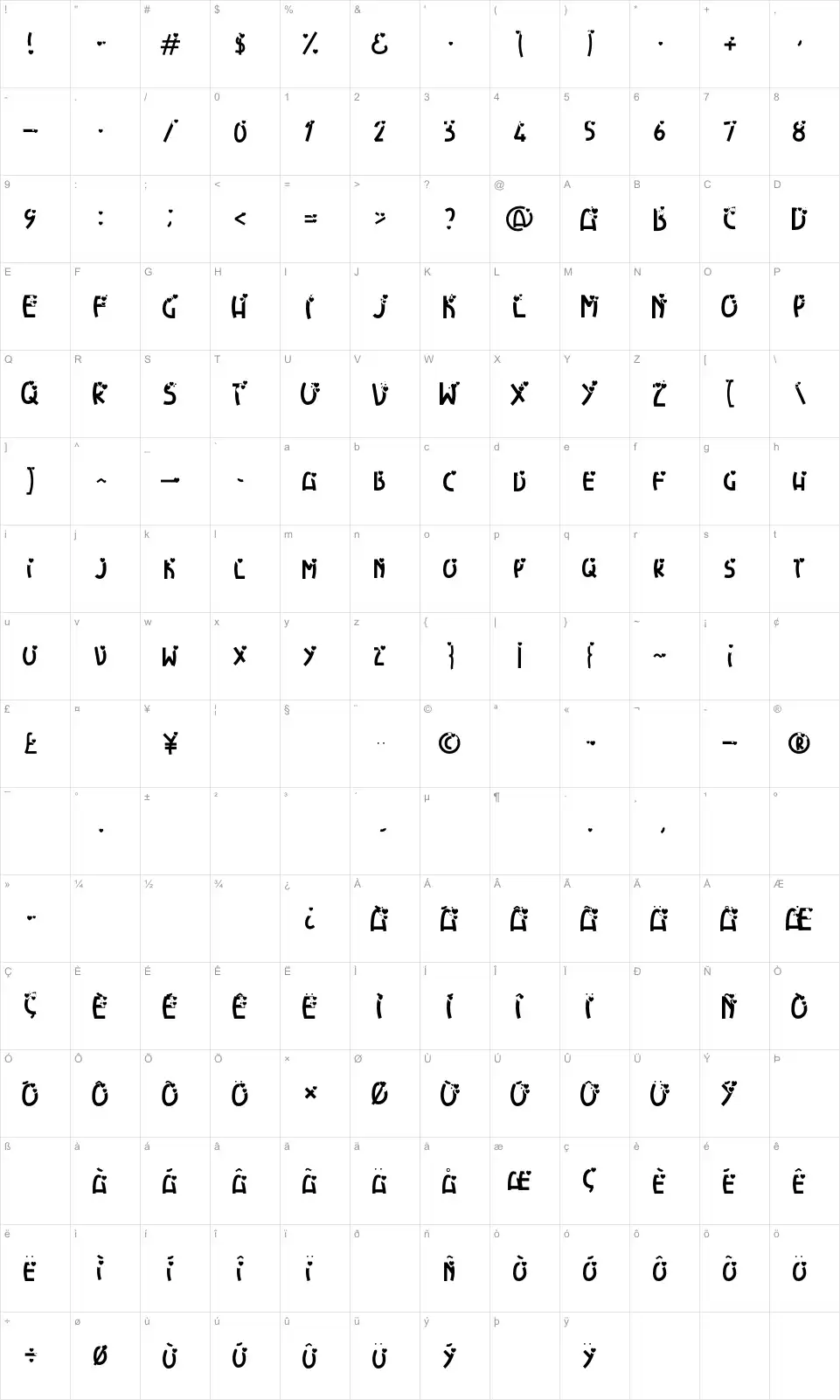 Mapa de caracteres da fonte Heart Explosion