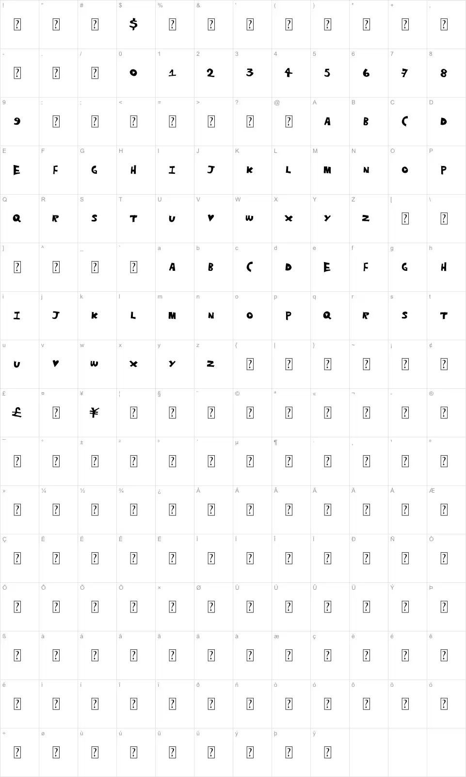Mapa de caracteres da fonte Heart Hole
