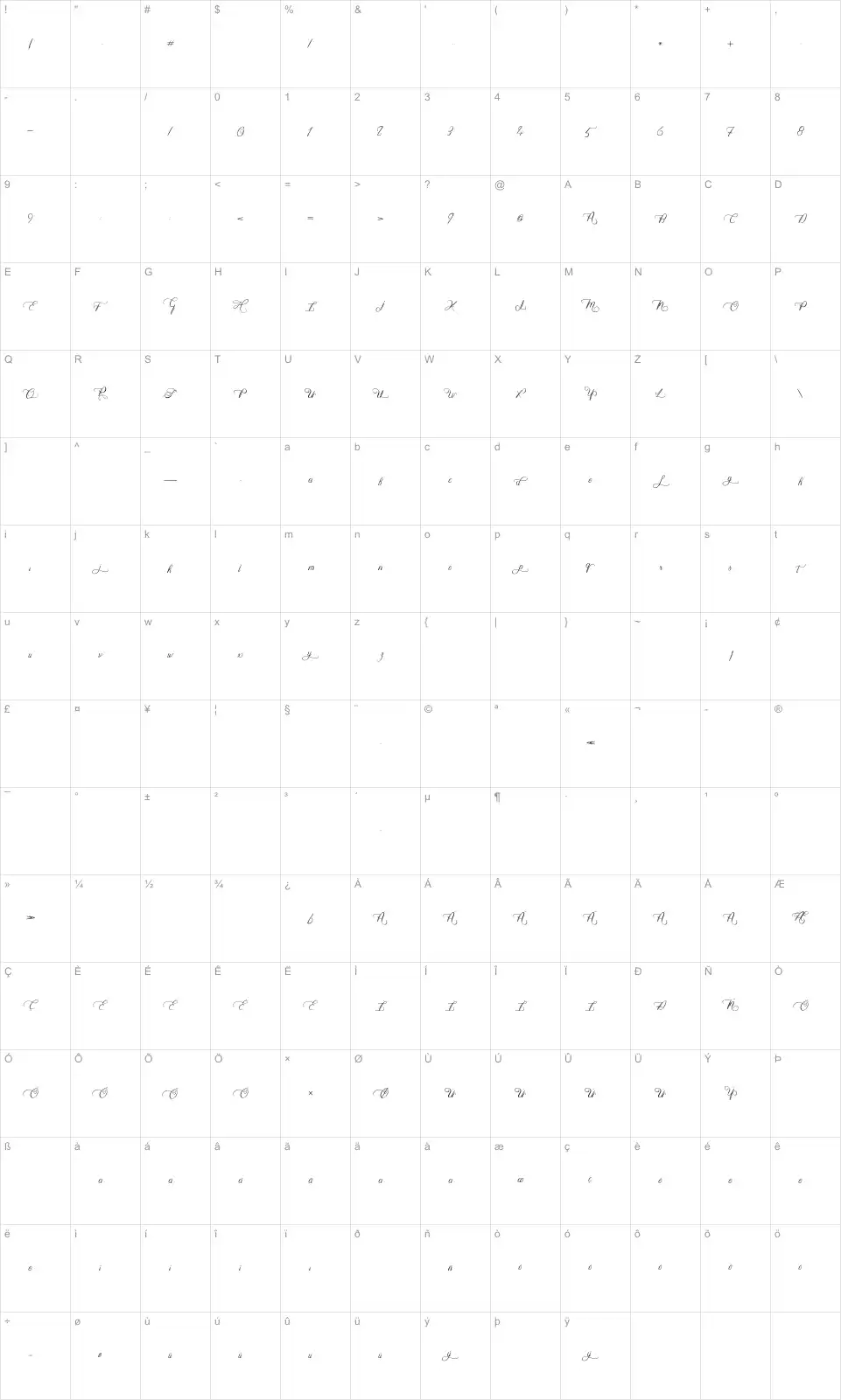 Mapa de caracteres da fonte Heart Romance