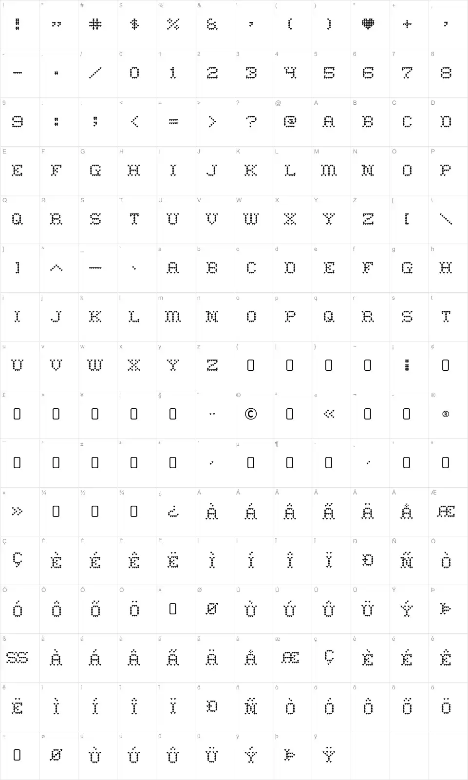Mapa de caracteres da fonte Heart Sweet Heart
