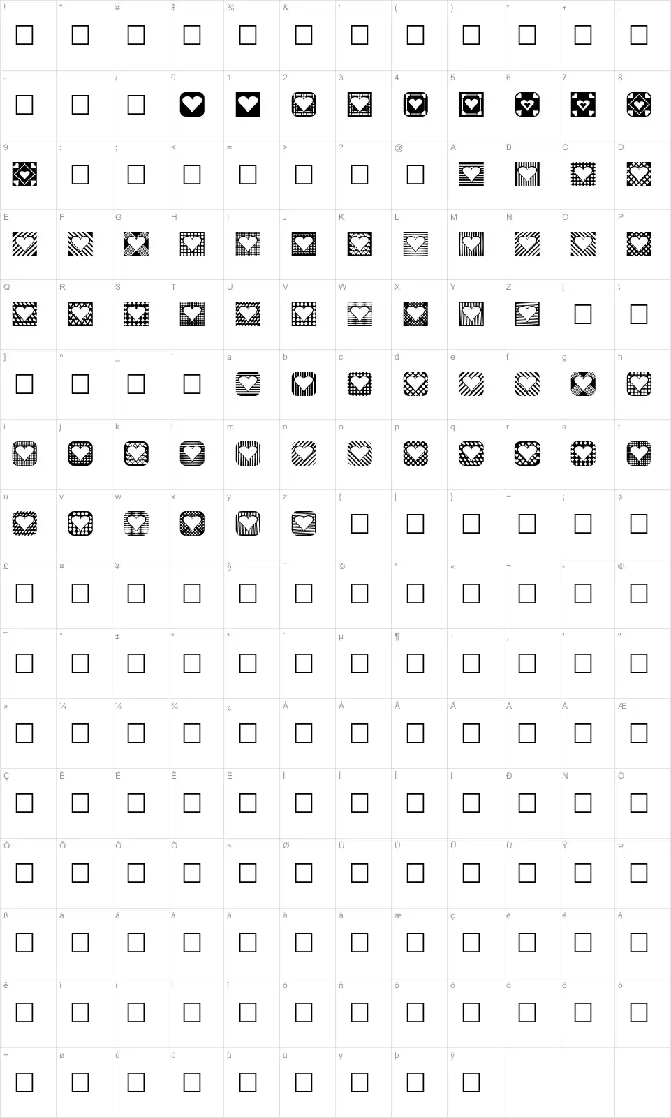 Mapa de caracteres da fonte Heart Things 2
