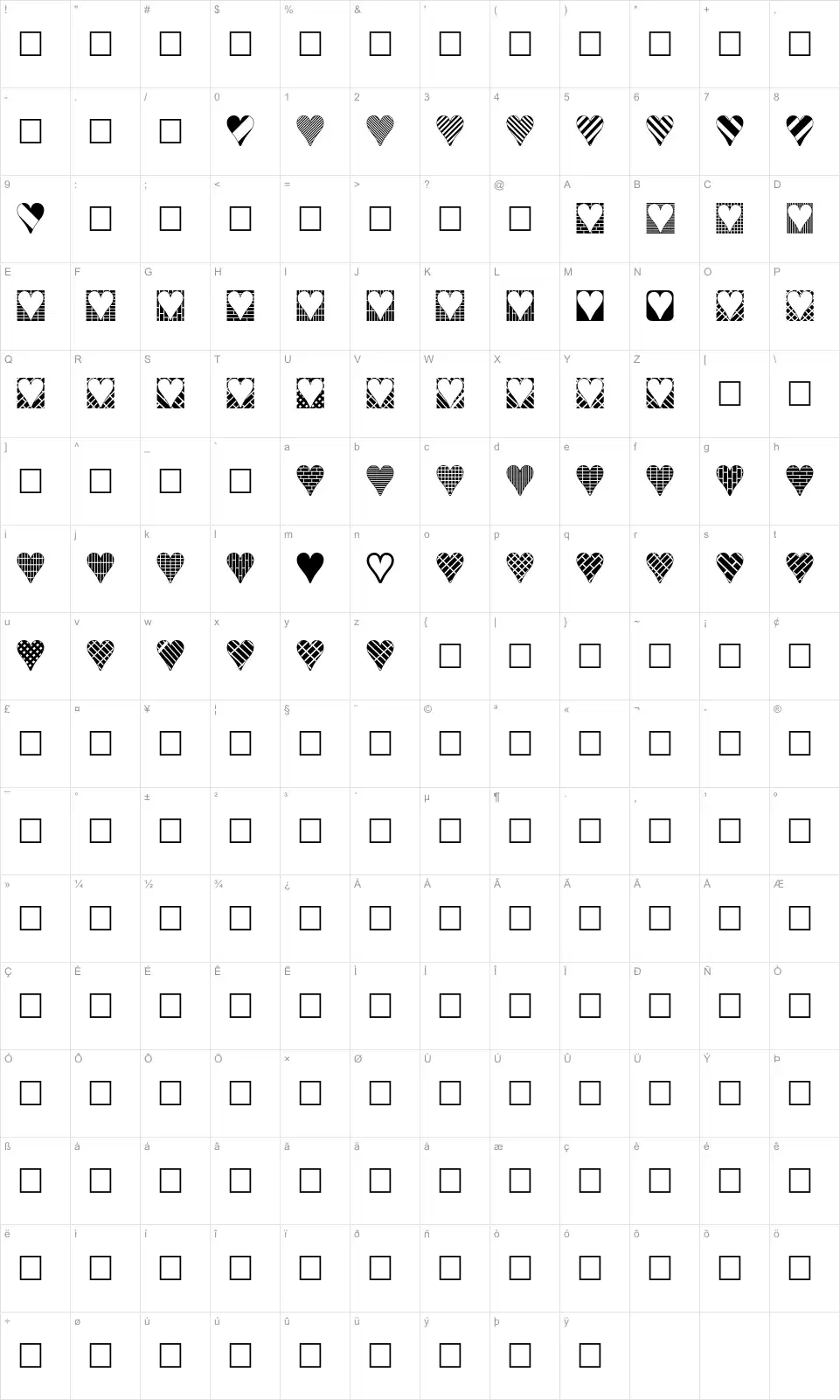Mapa de caracteres da fonte Heart Things 3