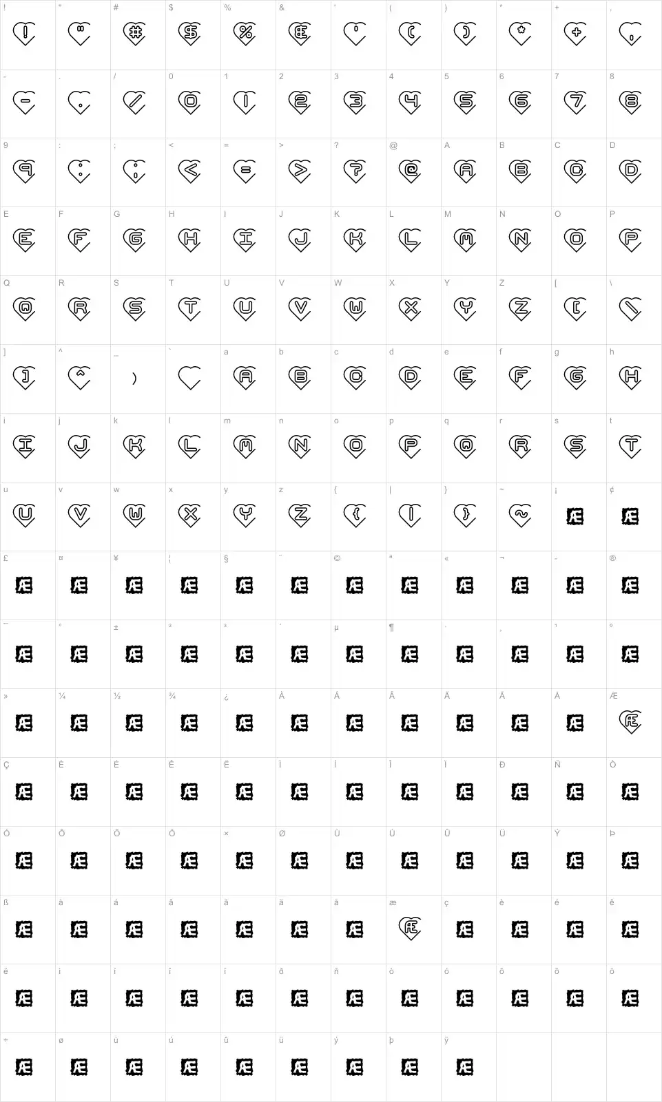 Mapa de caracteres da fonte Hearts BRK
