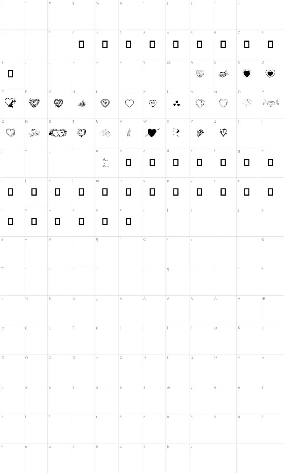 Mapa de caracteres da fonte Hearts by Darrian