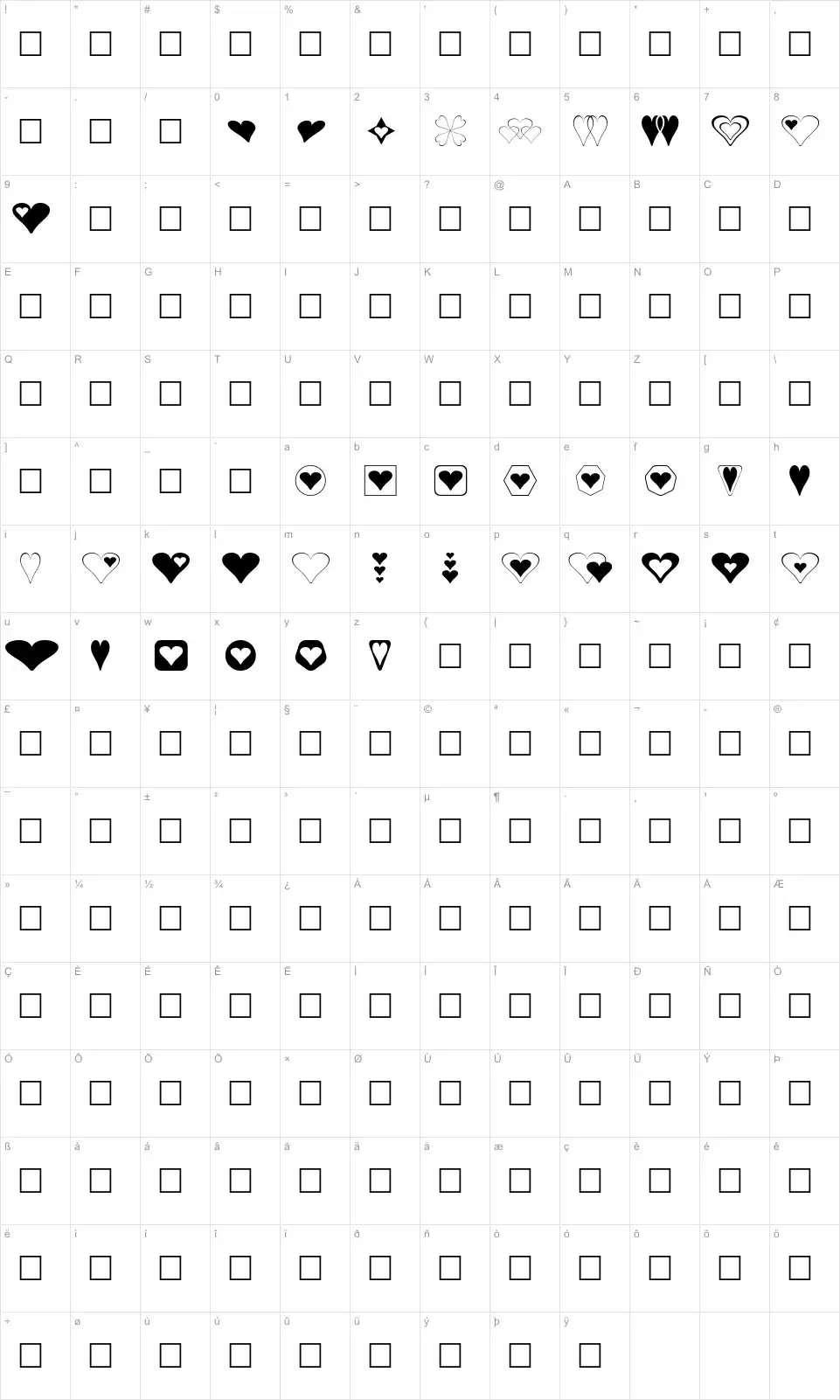 Mapa de caracteres da fonte Hearts for 3D FX