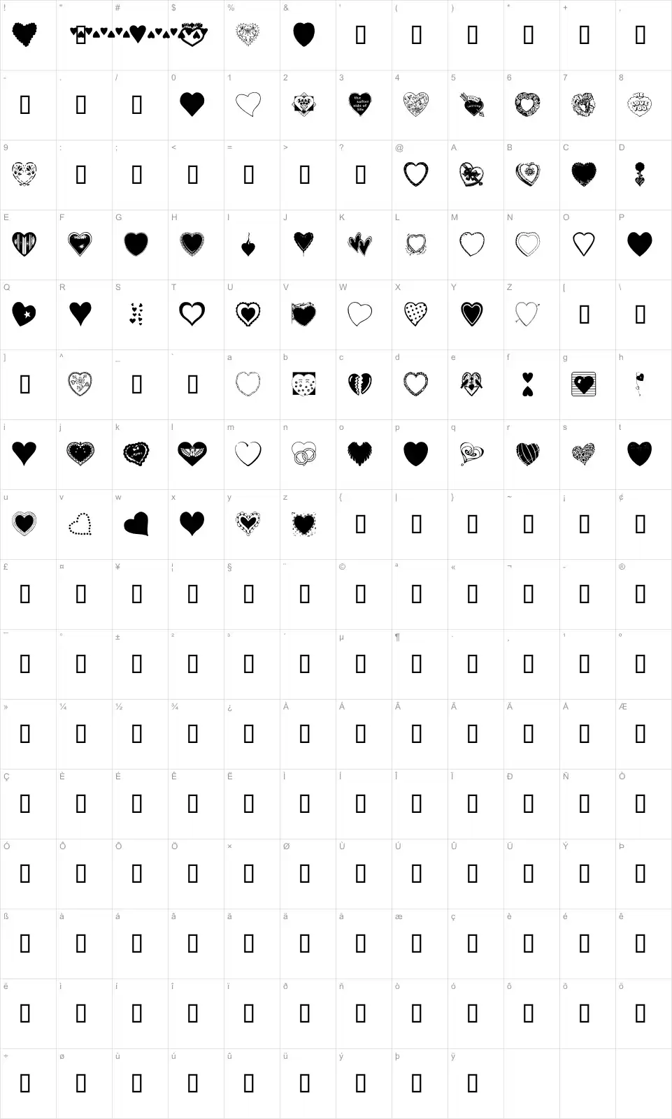 Mapa de caracteres da fonte Hearts Galore