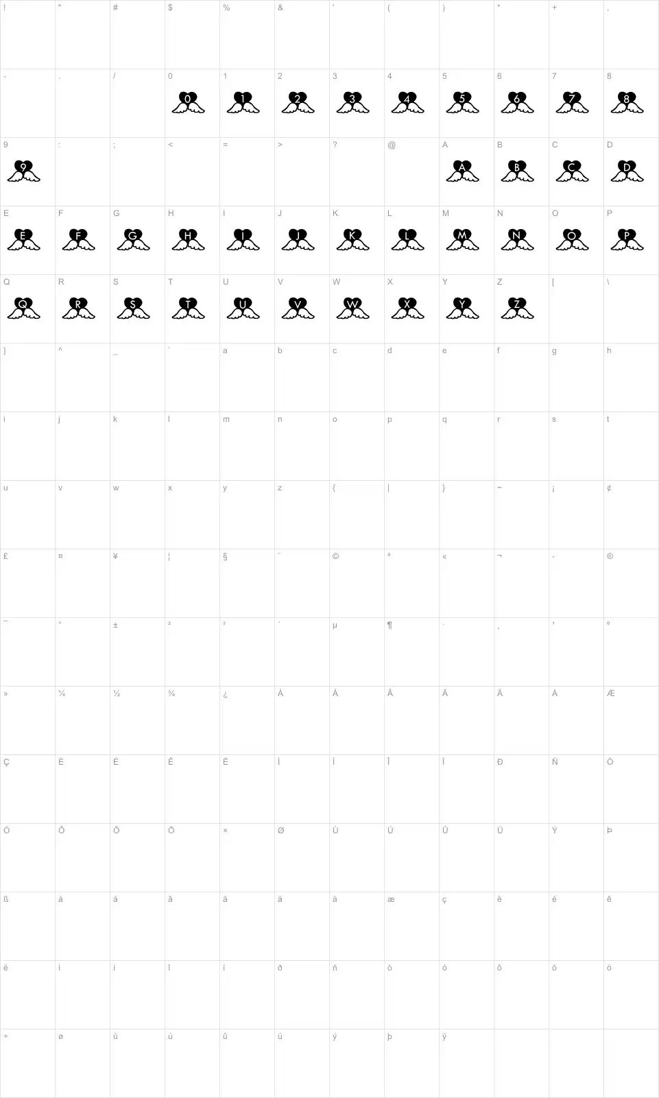 Mapa de caracteres da fonte Hearts