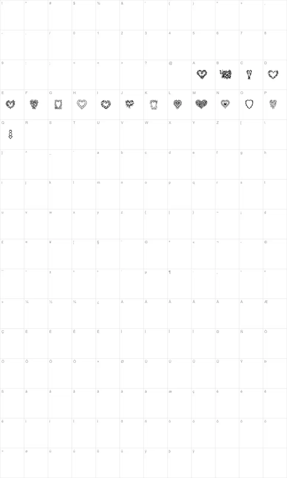 Mapa de caracteres da fonte Hearts of Lime