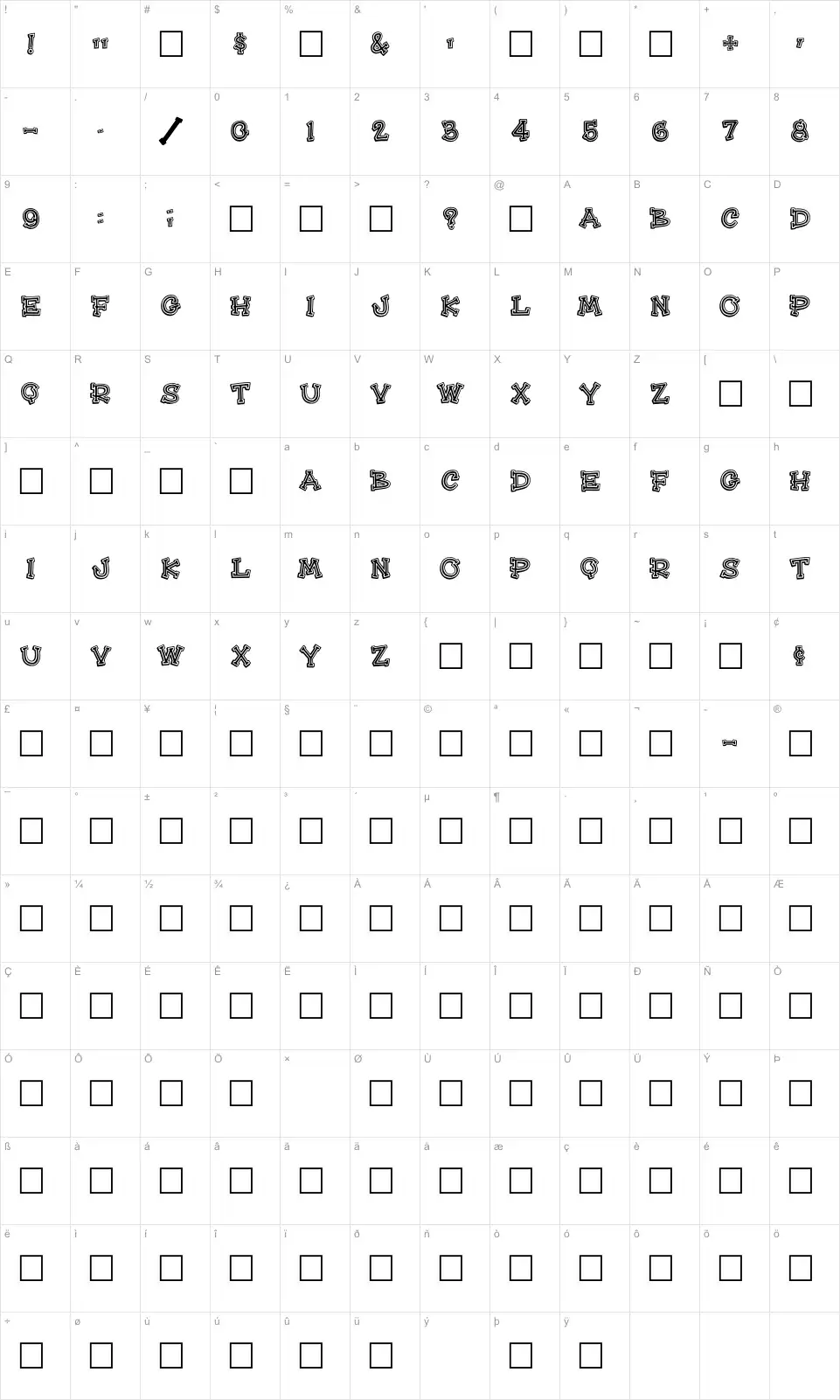 Mapa de caracteres da fonte Hee Haw