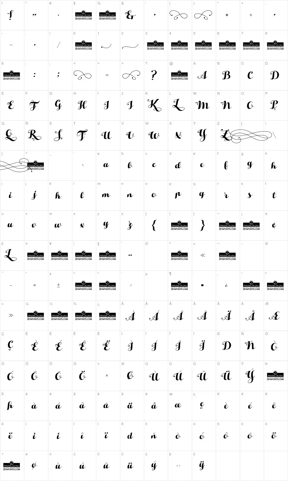 Mapa de caracteres da fonte Hello Script