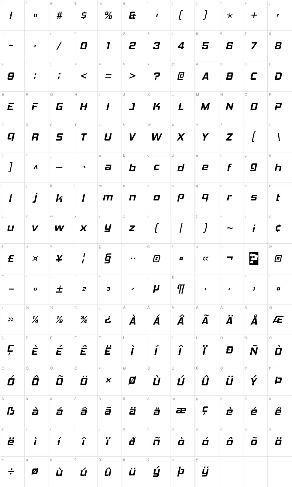 Mapa de caracteres da fonte Hemi Head 426