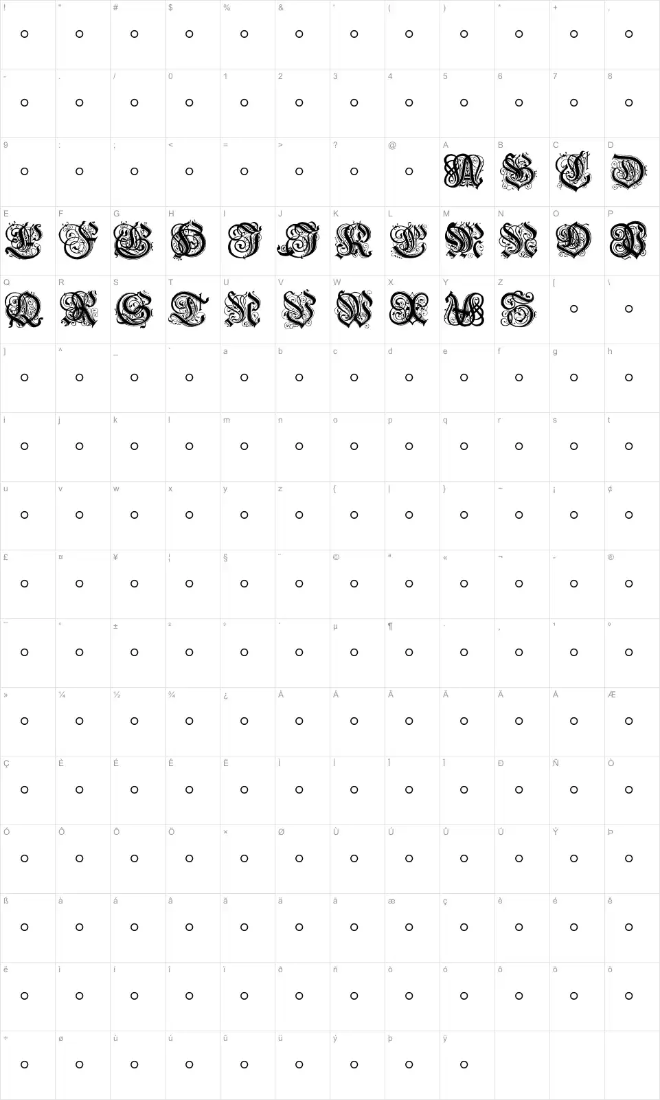 Mapa de caracteres da fonte Hentzau Initials